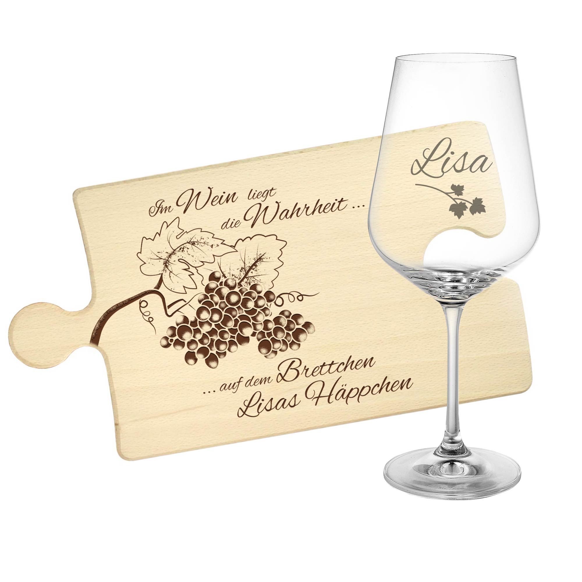 Weinhäppchen - Glas und Puzzle Brettchen personalisiert