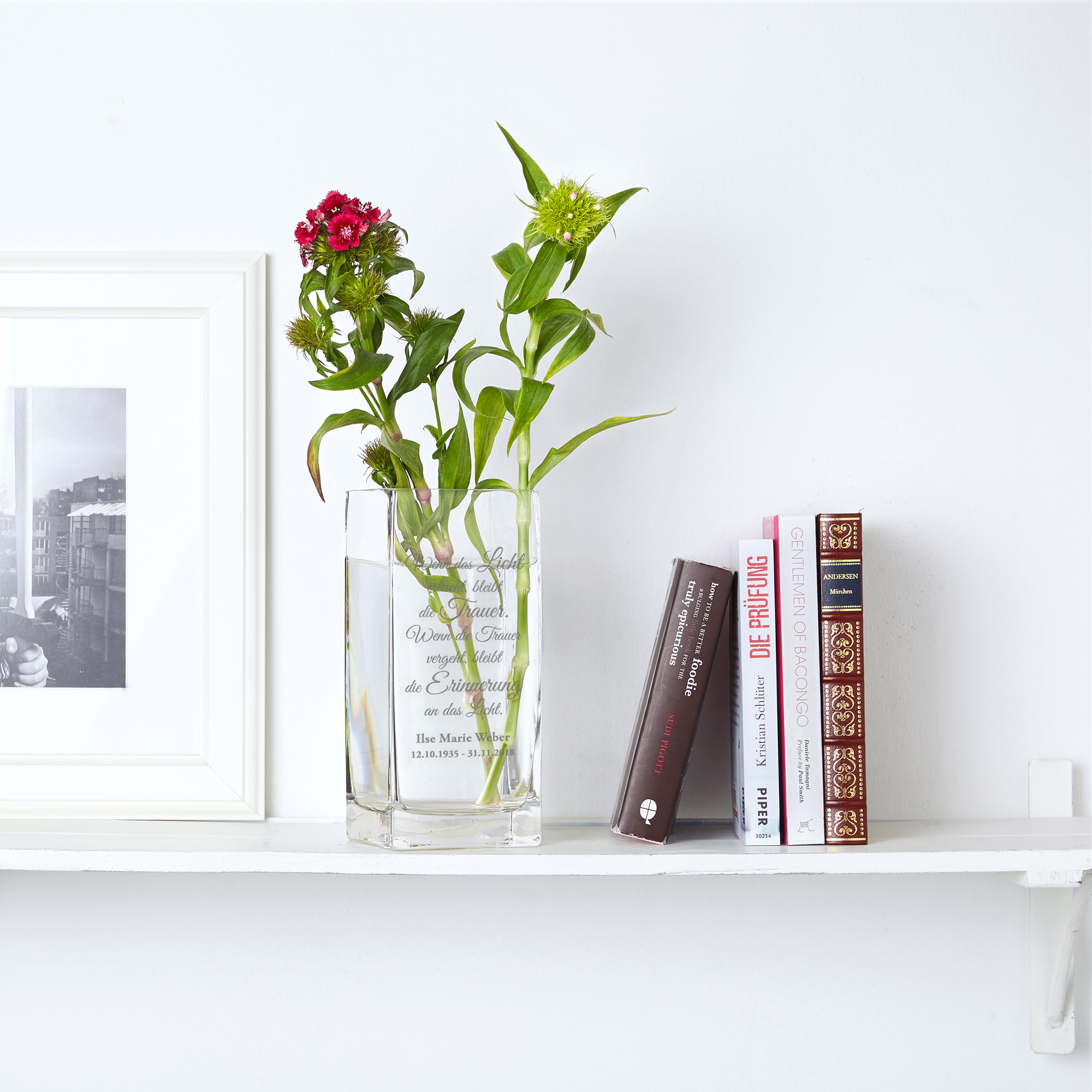 Vase - Eckig - Trauerspruch - Licht - Personalisiert