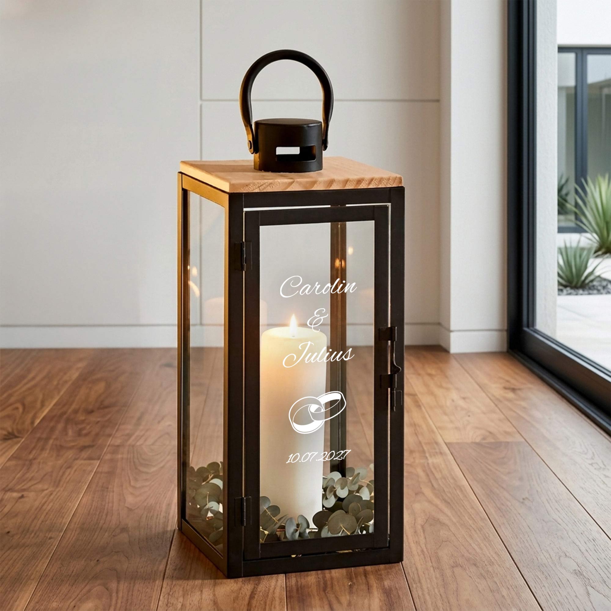 Personalisierte Holzlaterne zur Hochzeit Schwarz - Ringe