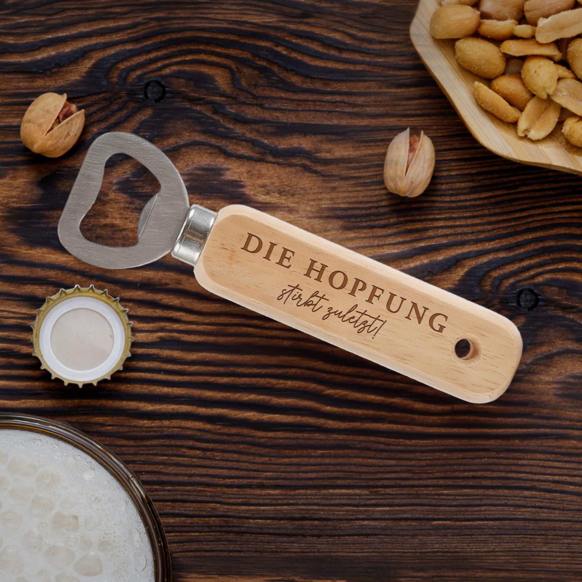 Personalisierter Flaschenöffner aus Holz