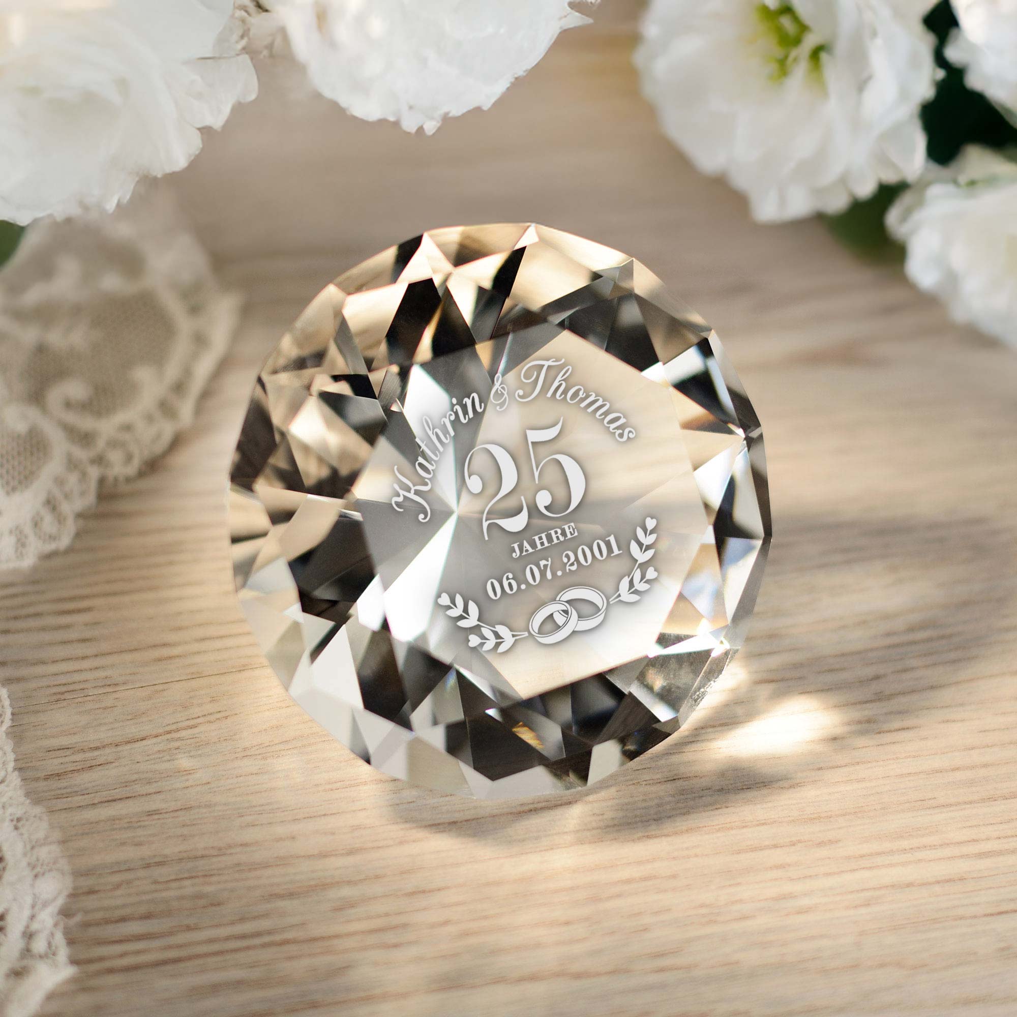 Diamant Kristall mit Gravur zur Silberhochzeit