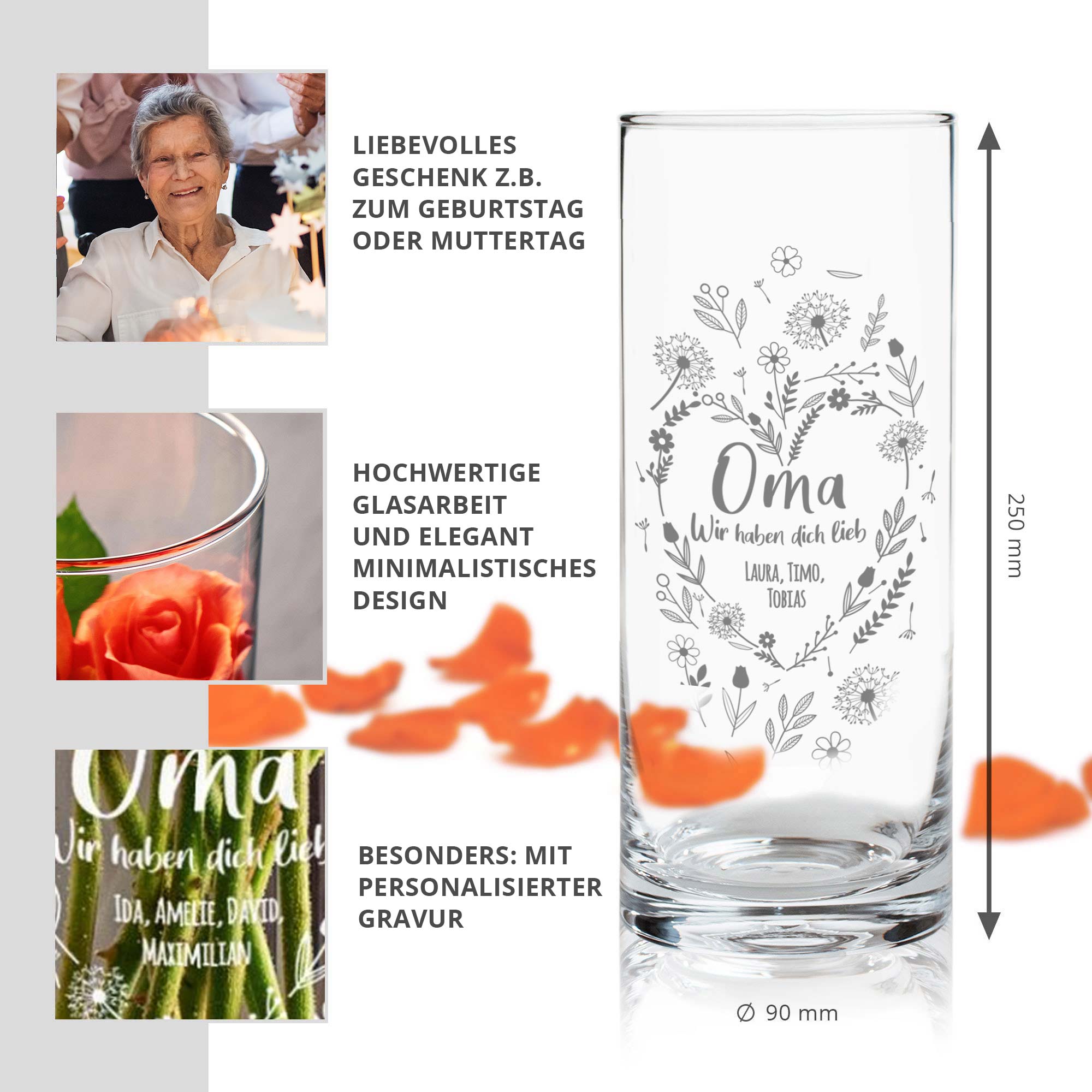 Runde Vase mit Gravur - Blumenherz für Oma