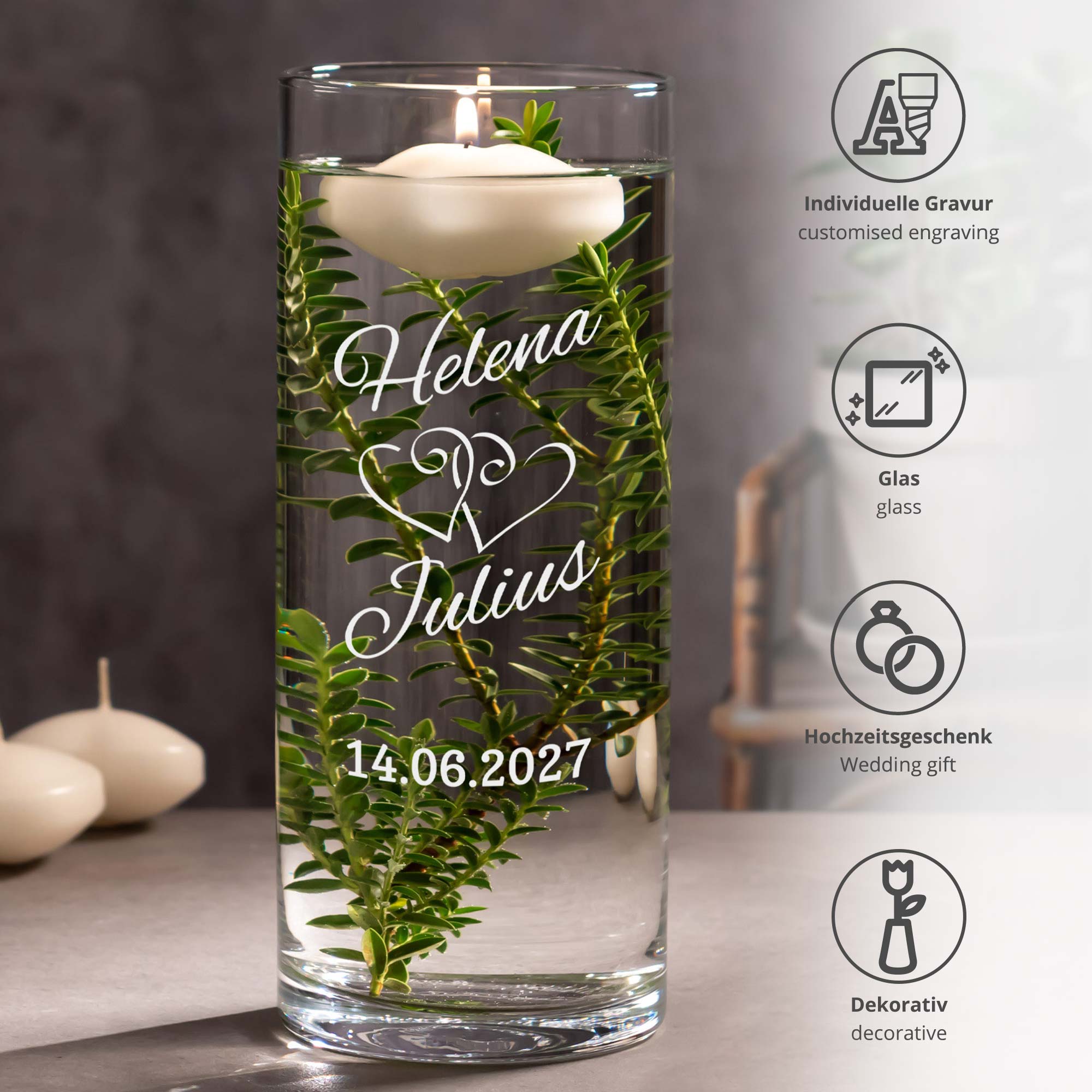 Runde Vase zur Hochzeit - Herzen Gravur