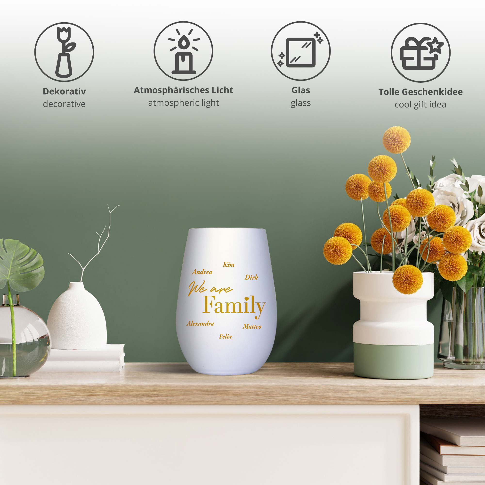 Weißes Windlicht mit Gravur - Family