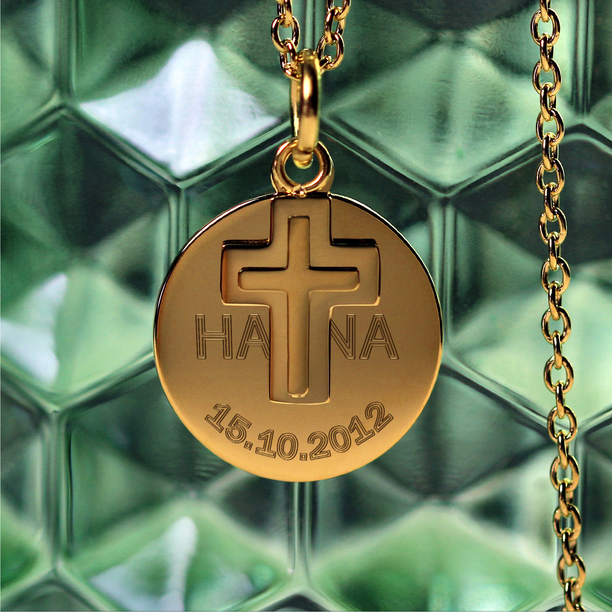 Runder Kettenanhänger mit Kreuz Gold - Name und Datum 4075 - 5