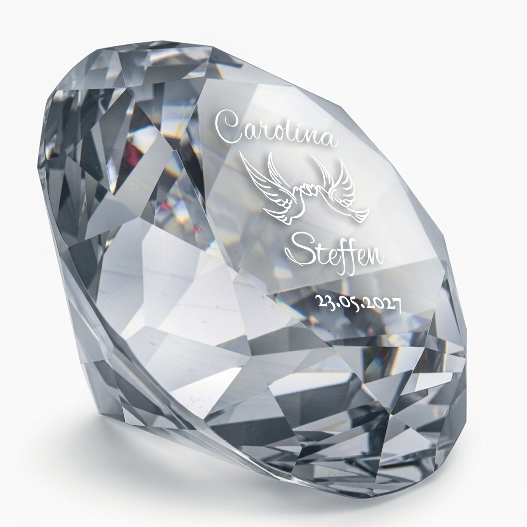 Diamant Kristall mit Liebestauben Gravur und Ring Displayständer Silber Diamant Kristall mit Liebestauben Gravur und Ring Displayständer Silber