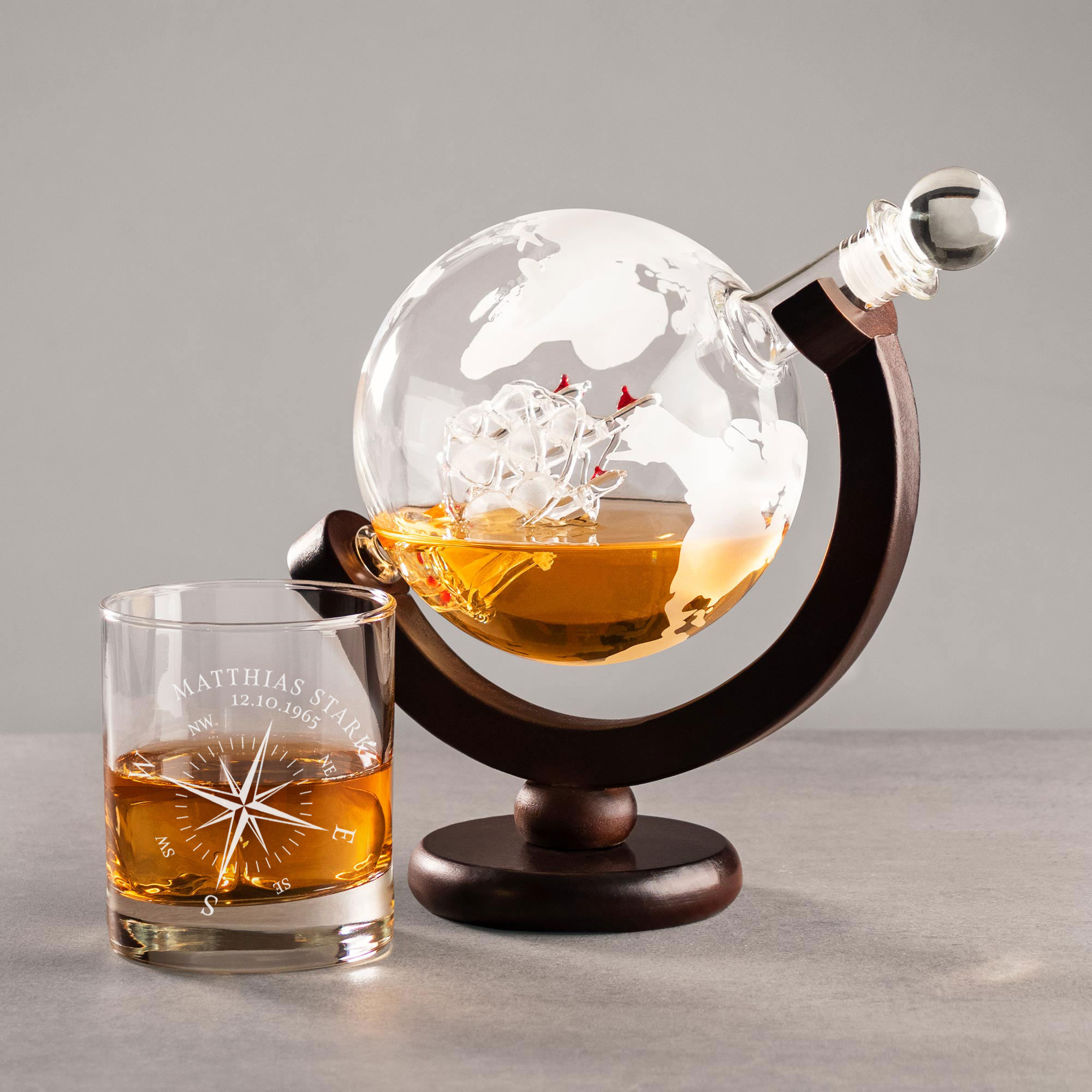 Whisky Set mit Globus Karaffe und Glas - Kompass