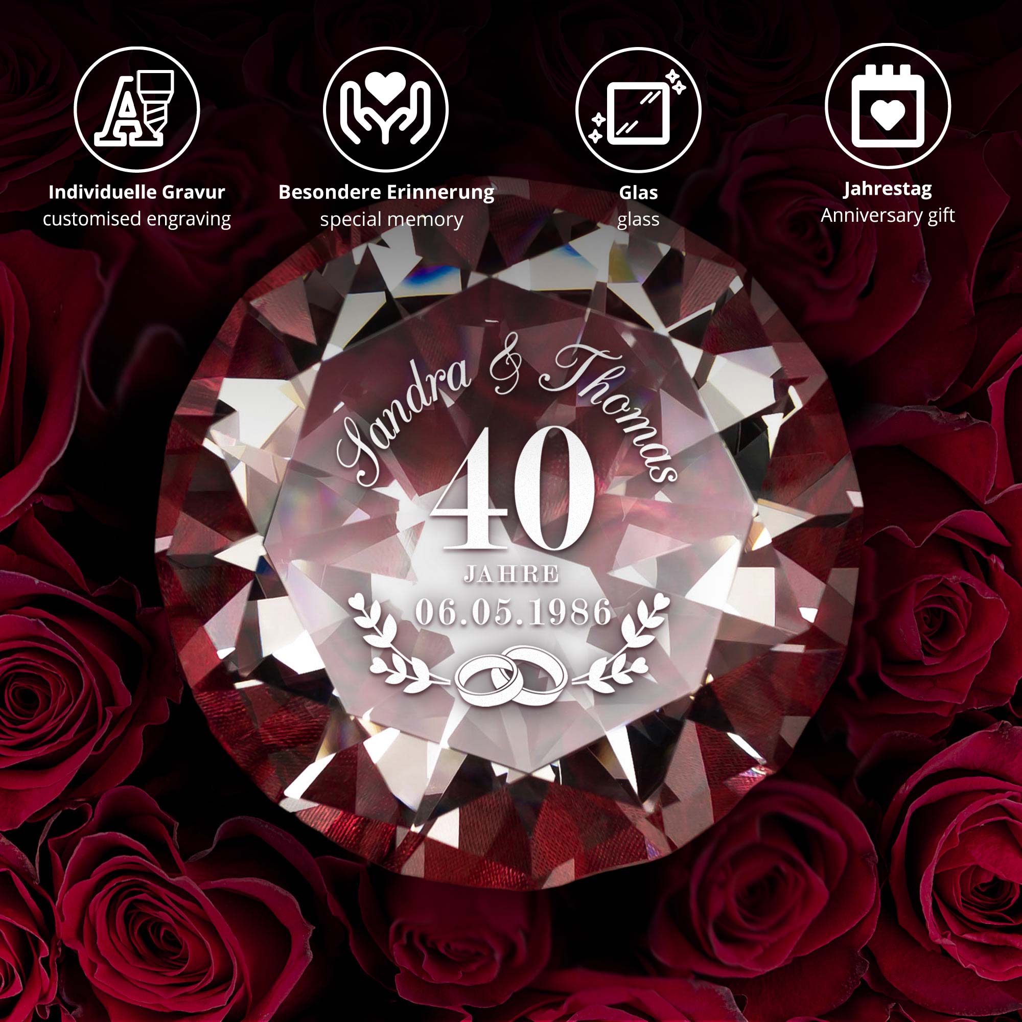 Diamant Kristall mit Gravur und Samtsäckchen - Rubinhochzeit Diamant Kristall mit Gravur und Samtsäckchen - Rubinhochzeit