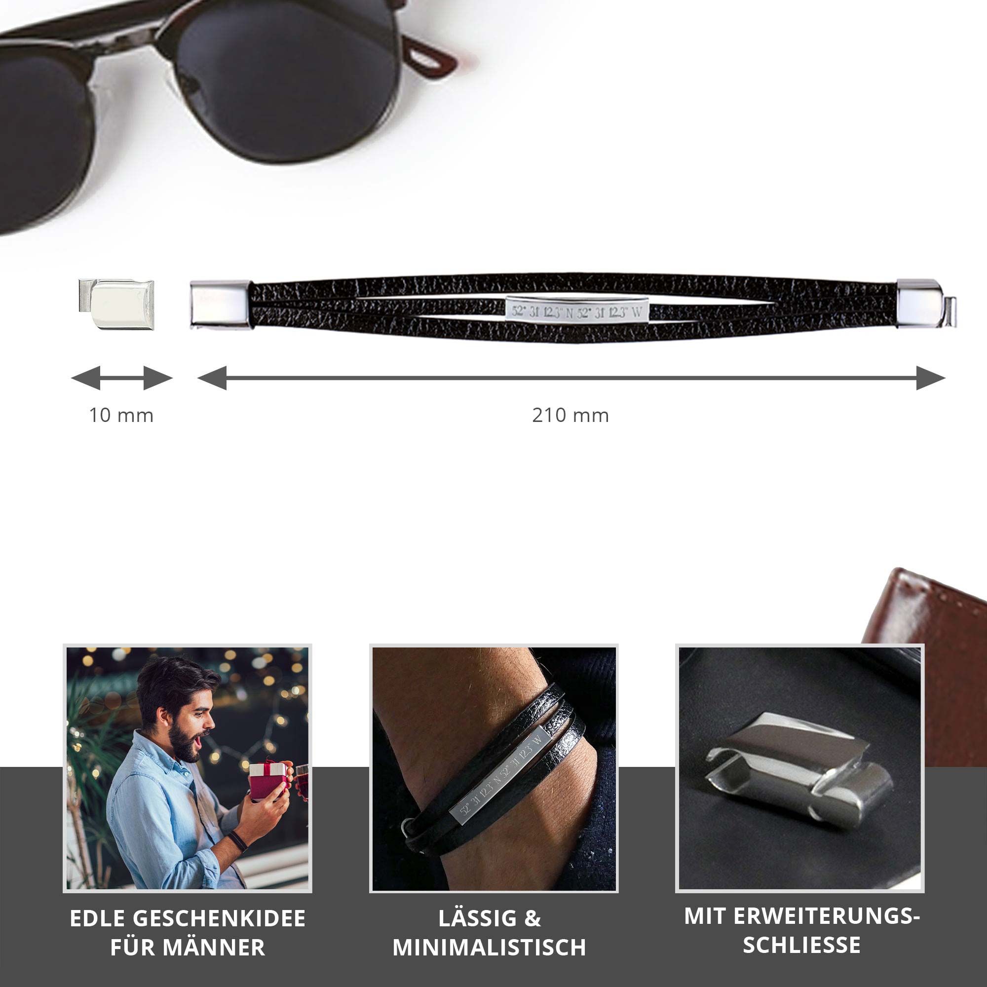 Gewickeltes Lederarmband schwarz - Geokoordinaten