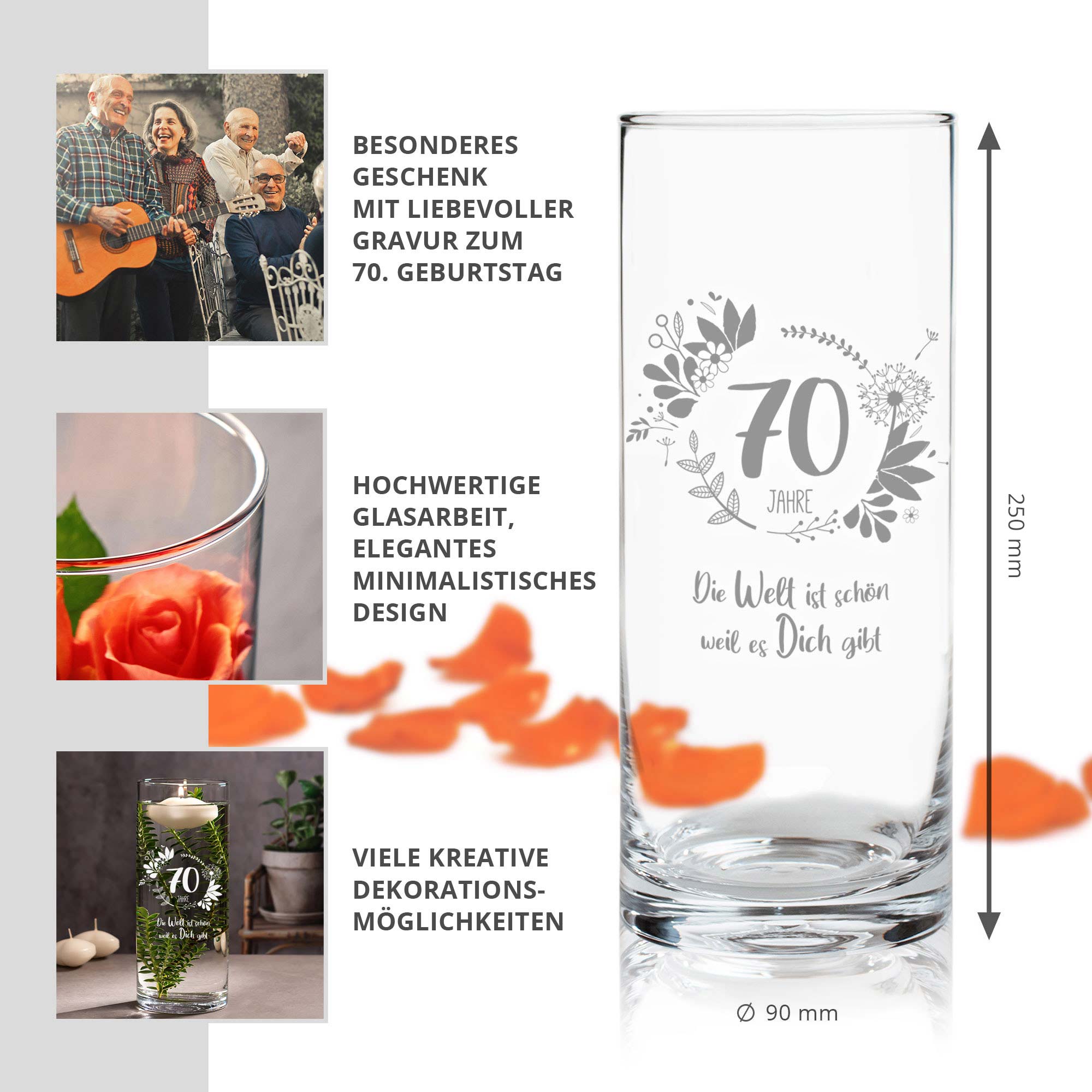 Runde Vase mit Gravur - 70. Geburtstag Runde Vase mit Gravur - 70. Geburtstag
