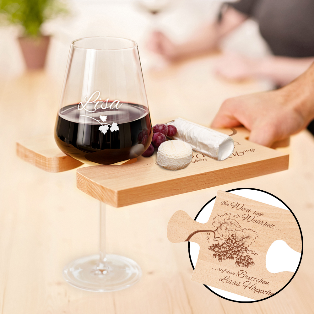 Weinhäppchen - Glas und Brettchen personalisiert 3295