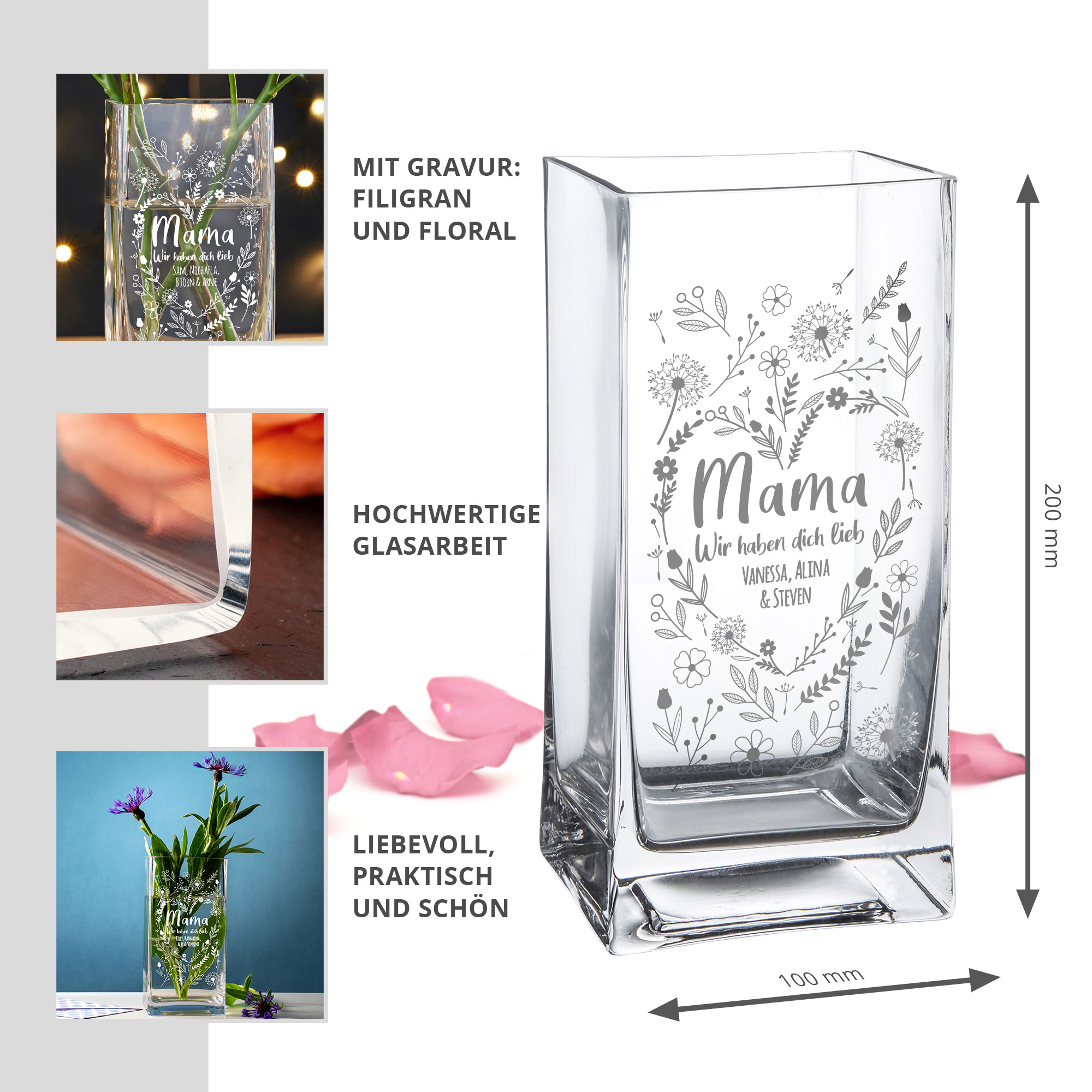 Vase mit Gravur - Blumenherz für Mama