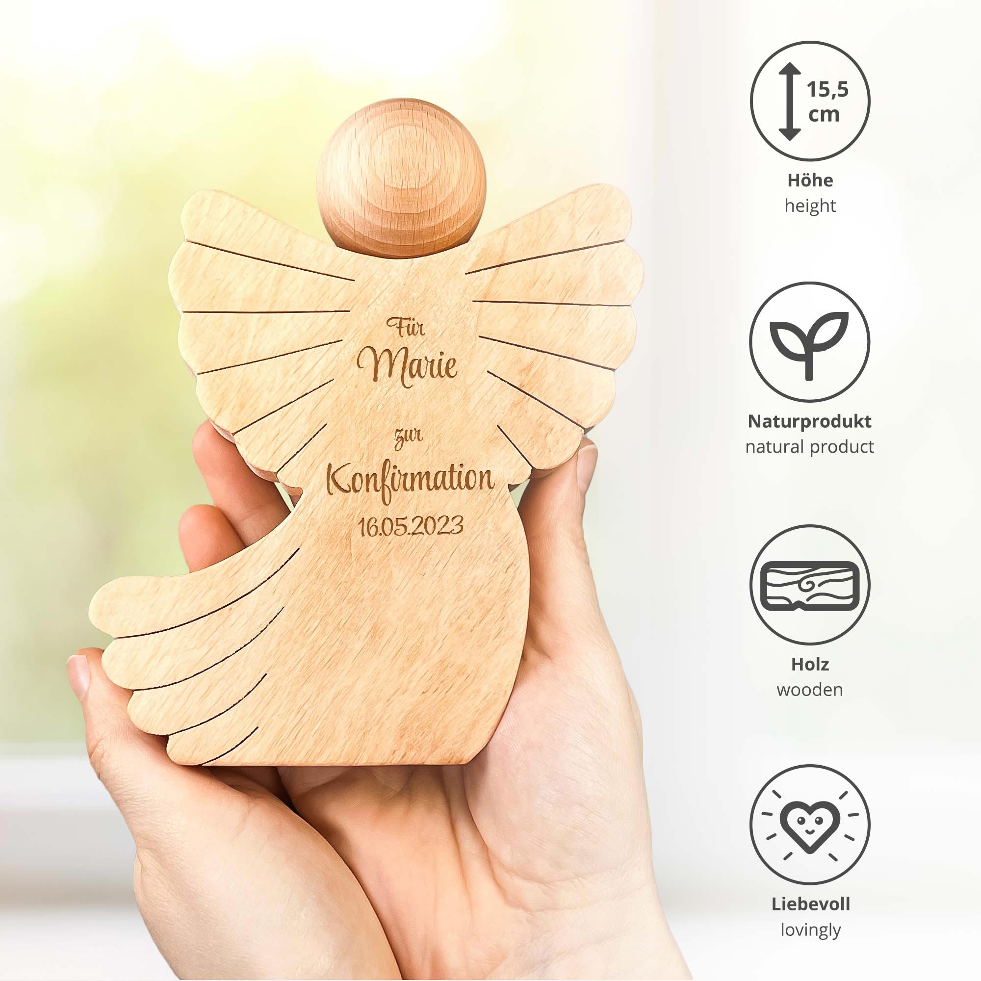 Holzengel mit Schweif - personalisiert zur Konfirmation
