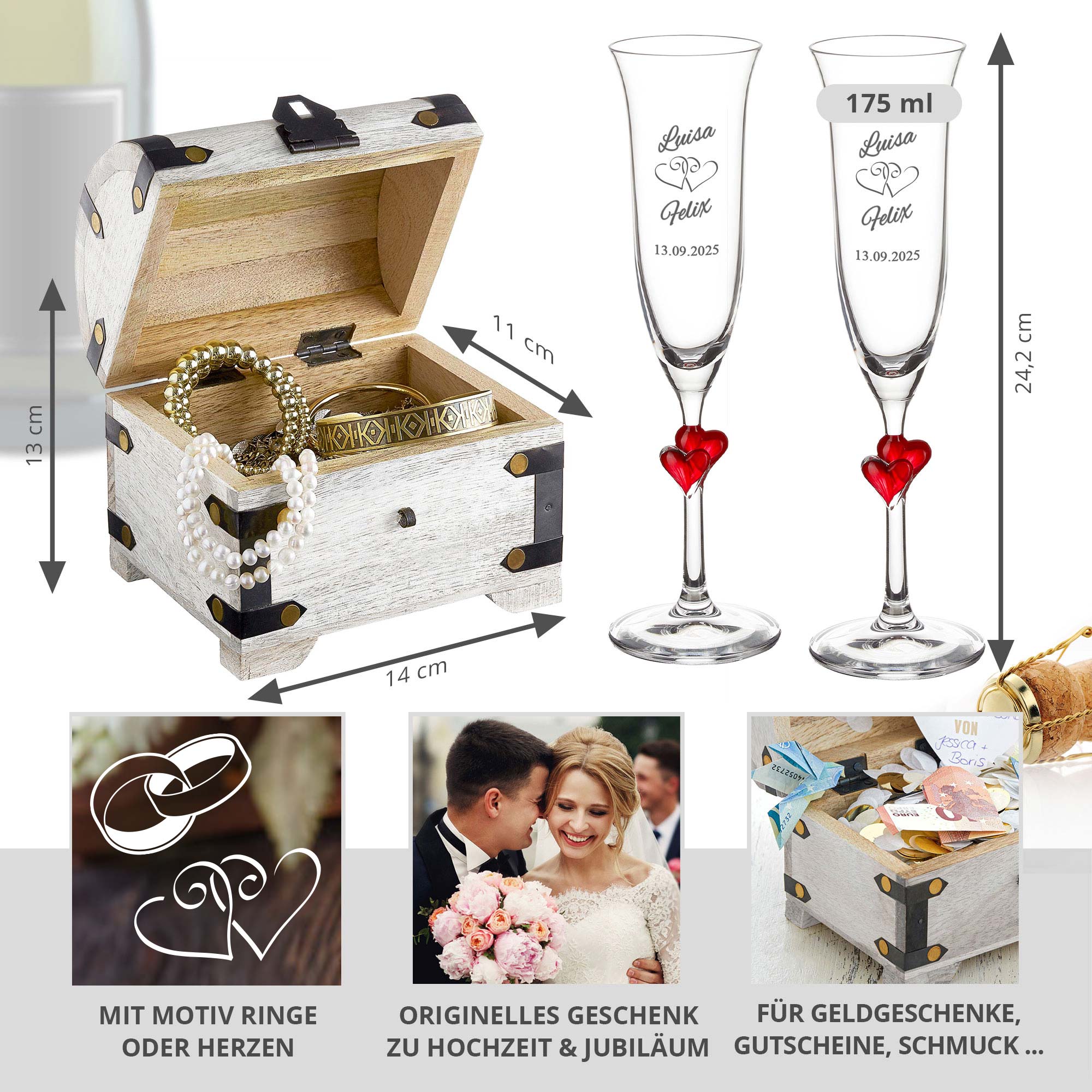 Hochzeitsset - Herzen Sektgläser und Schatztruhe Weiß zur Hochzeit