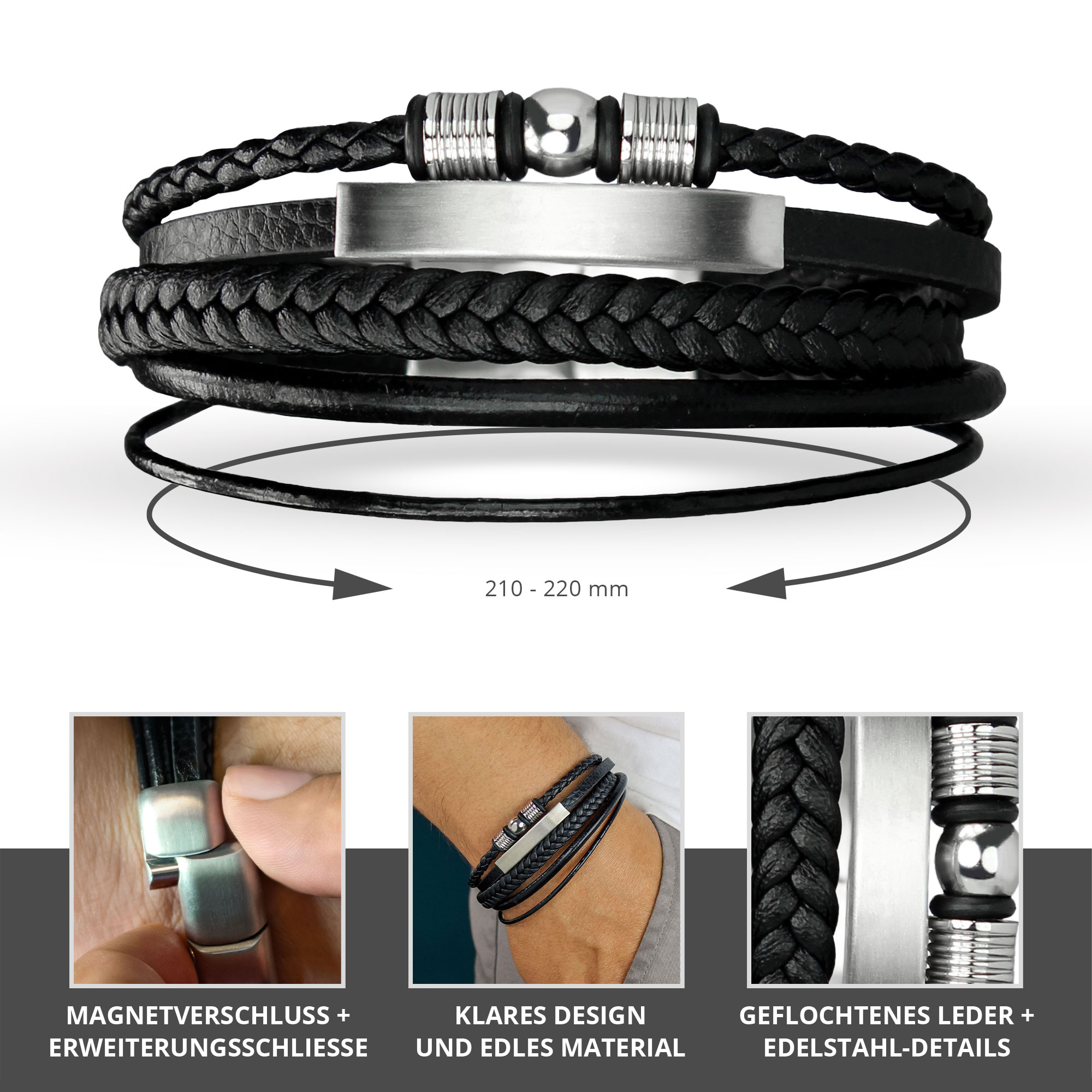 Geflochtenes Lederarmband mit Beads Silber - Herren Armband Geflochtenes Lederarmband mit Beads Silber - Herren Armband