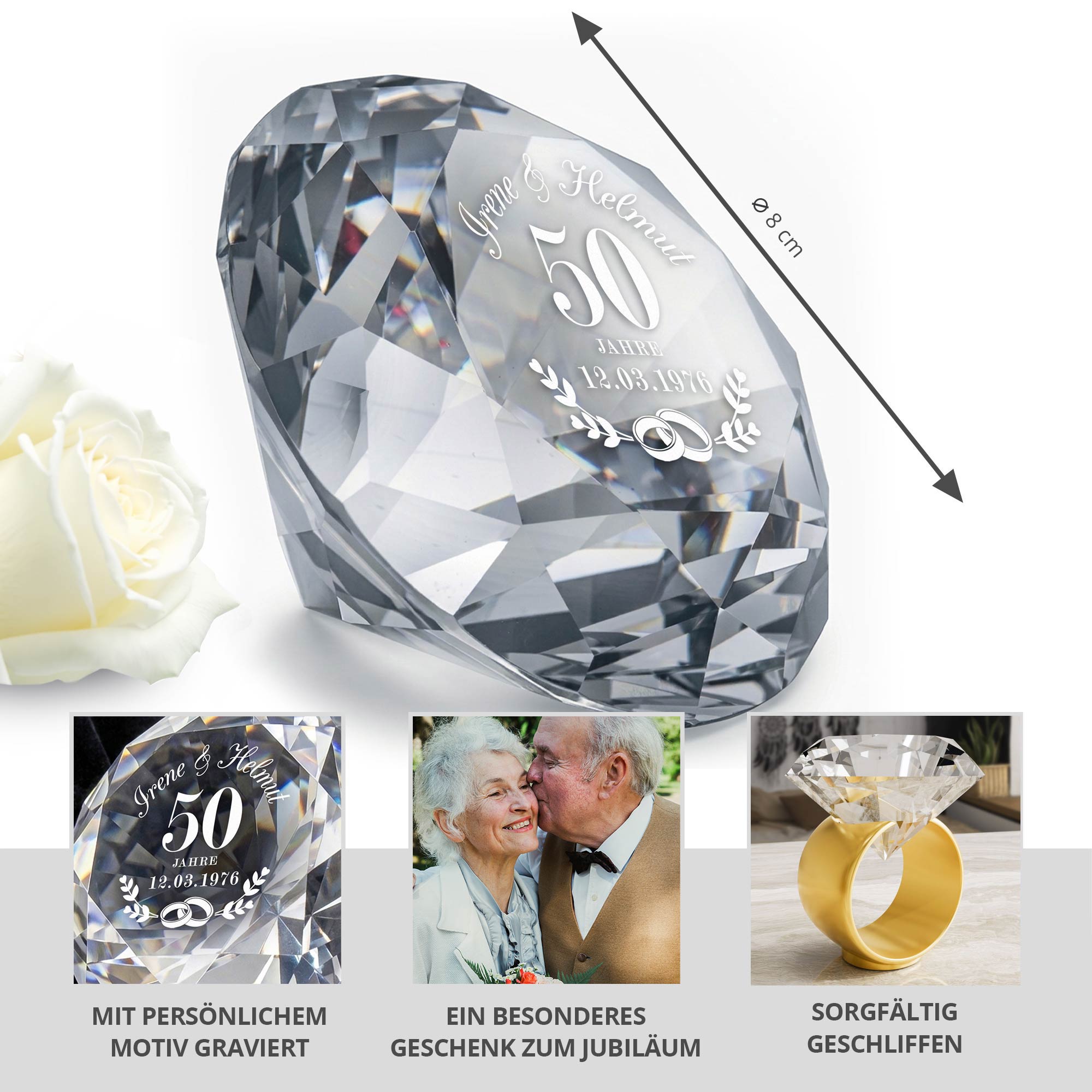 Diamant Kristall mit Gravur zur Goldhochzeit und Ring Displayständer Diamant Kristall mit Gravur zur Goldhochzeit und Ring Displayständer