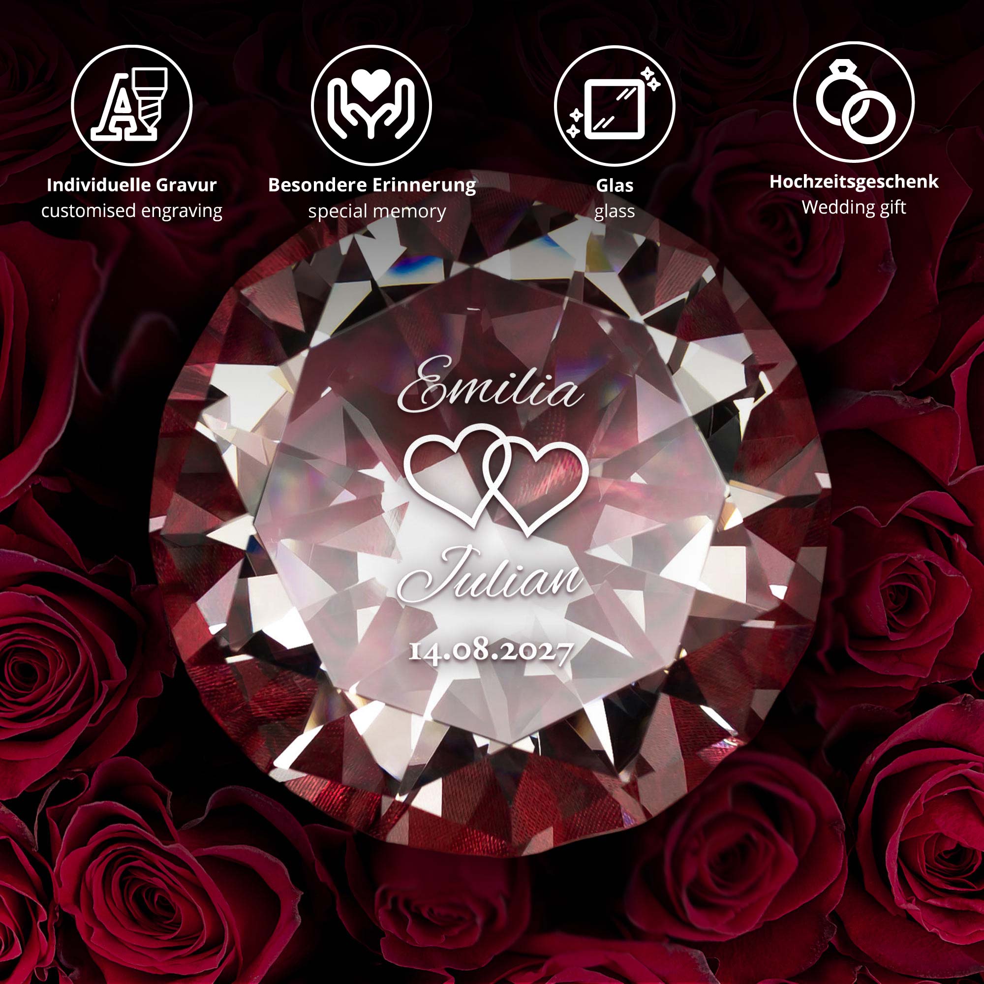 Diamant Kristall mit Gravur zur Hochzeit mit Samtsäckchen