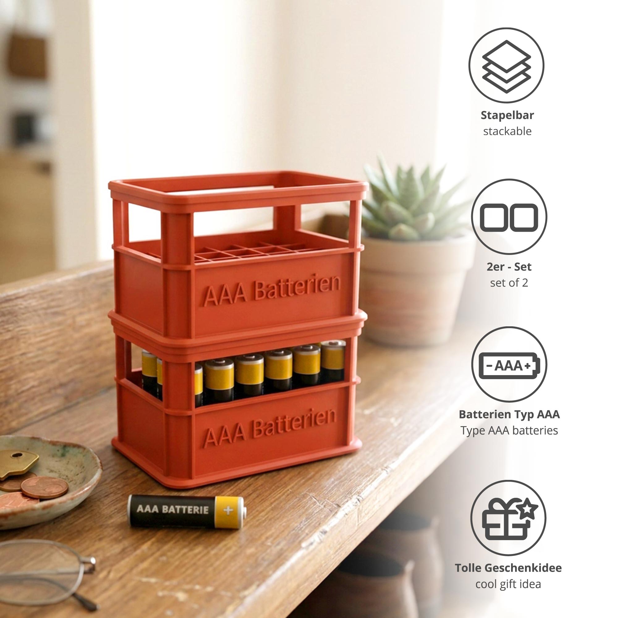 Stapelbare Aufbewahrungsbox für Batterien AAA - 2er Set Bierkasten Rot