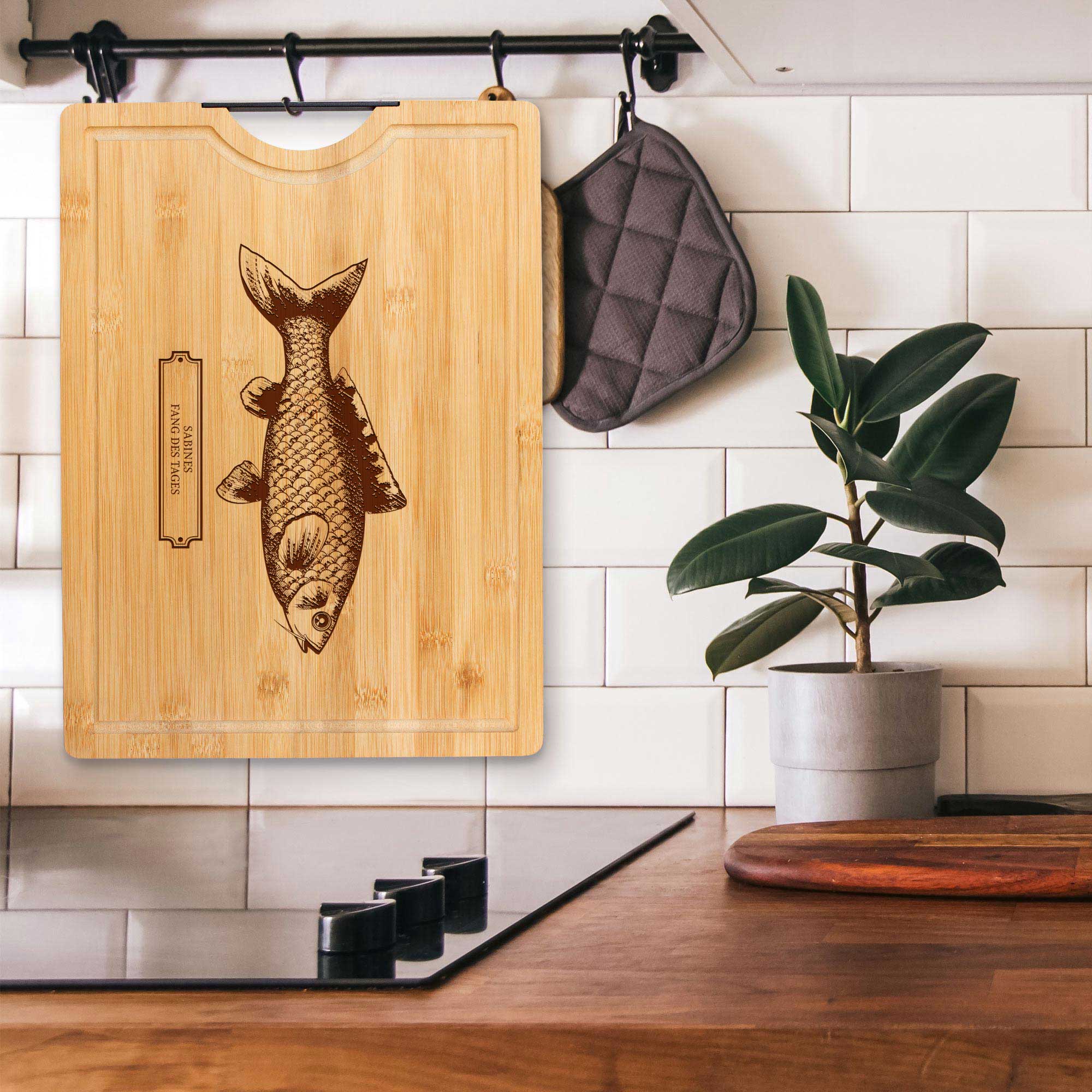 Bambusholz Schneidebrett mit Gravur - Fisch - Name