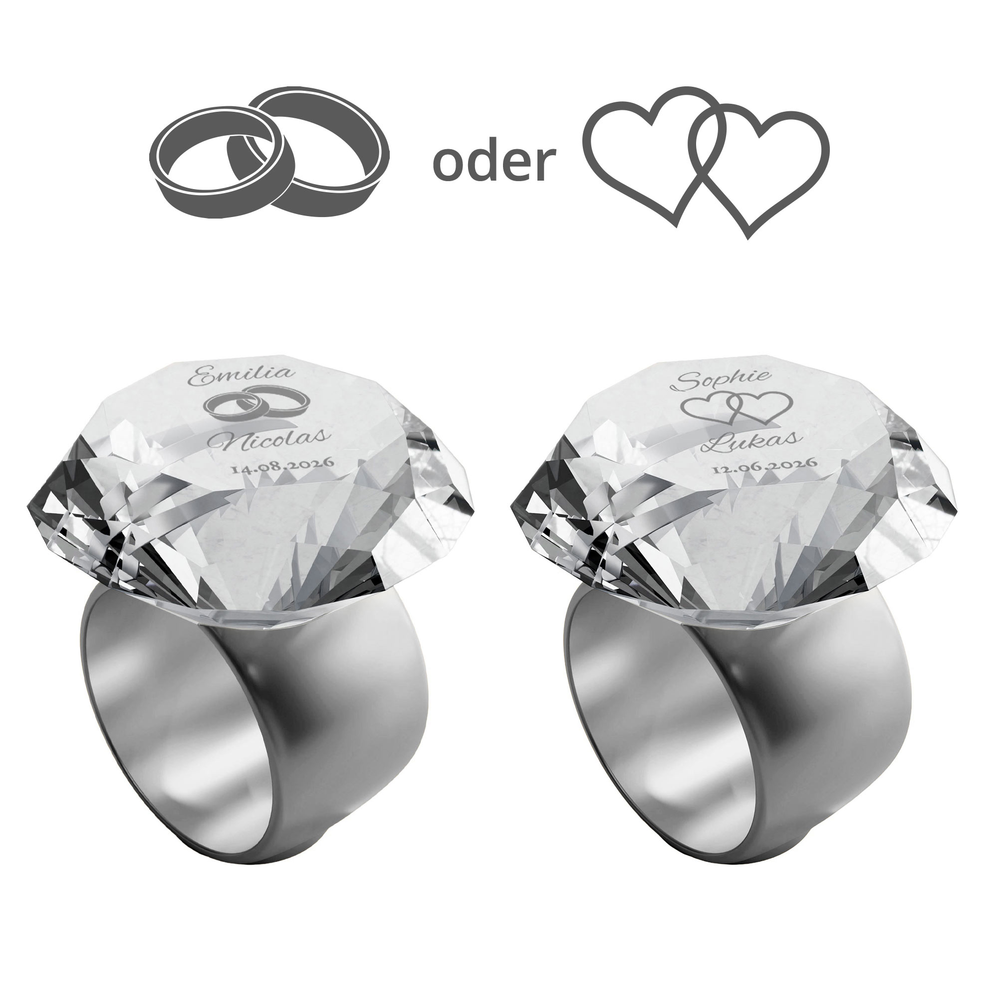 Diamant Kristall mit Gravur zur Hochzeit und Ring Displayständer Silber Diamant Kristall mit Gravur zur Hochzeit und Ring Displayständer Silber