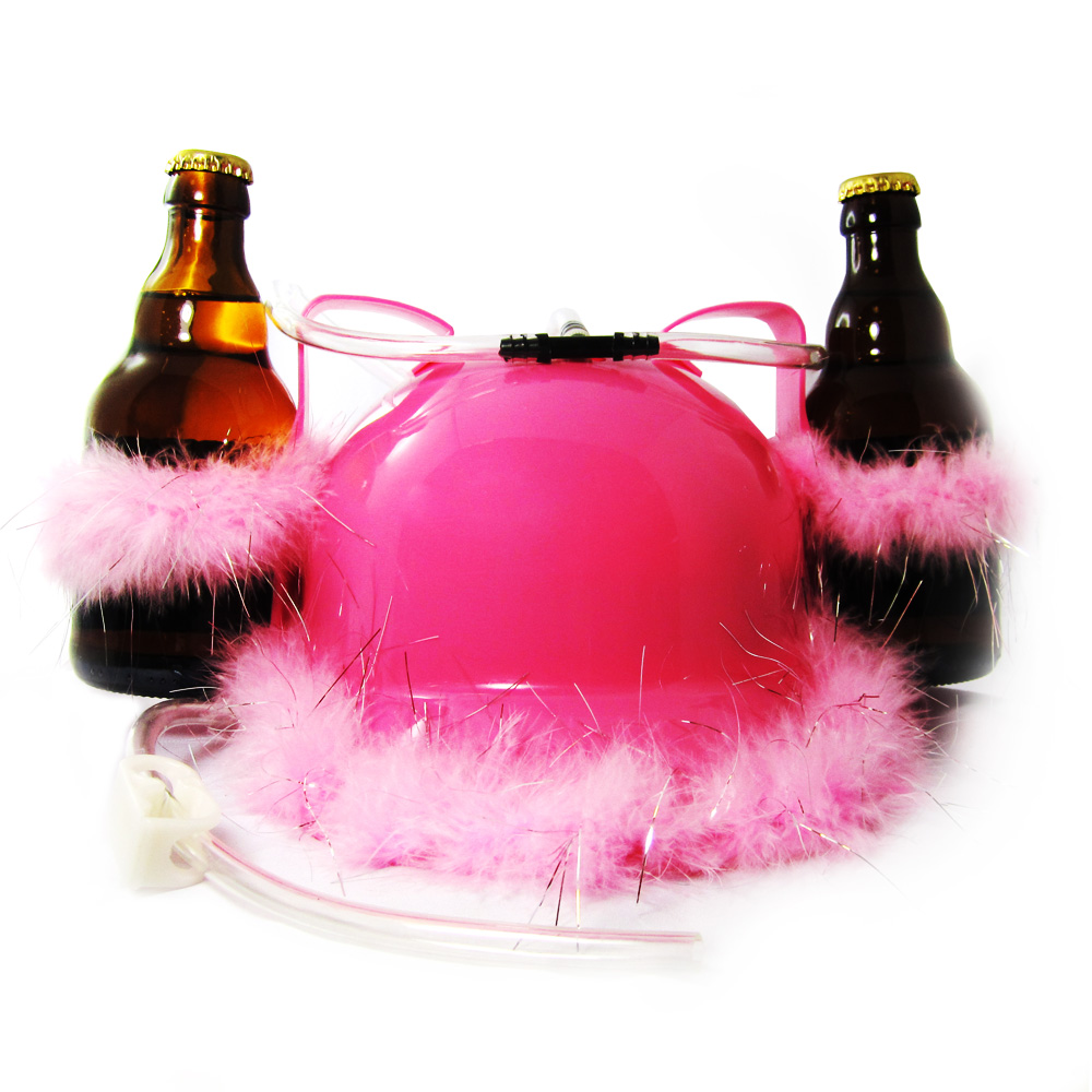 Bierhelm pink mit Glitzer Puscheln - origineller Trinkhelm