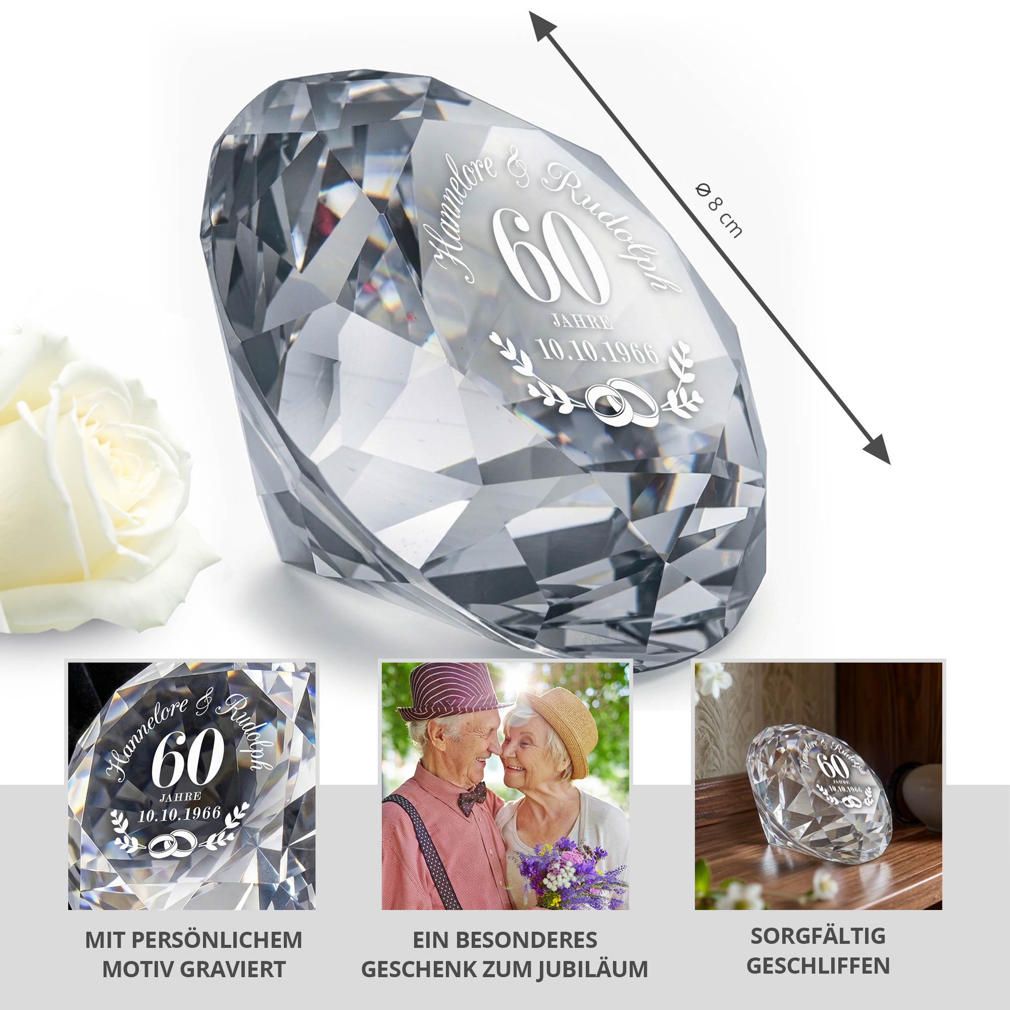 Diamant Kristall mit Gravur und Samtsäckchen - Diamanthochzeit Diamant Kristall mit Gravur und Samtsäckchen - Diamanthochzeit