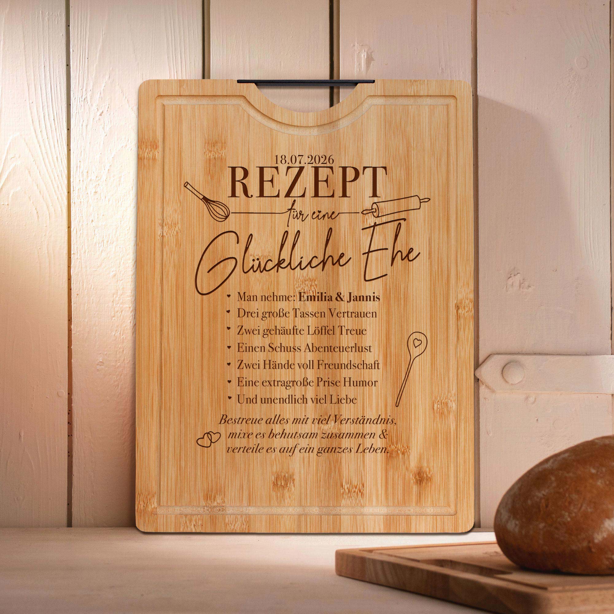 Bambusholz Schneidebrett mit Gravur - Rezept glückliche Ehe