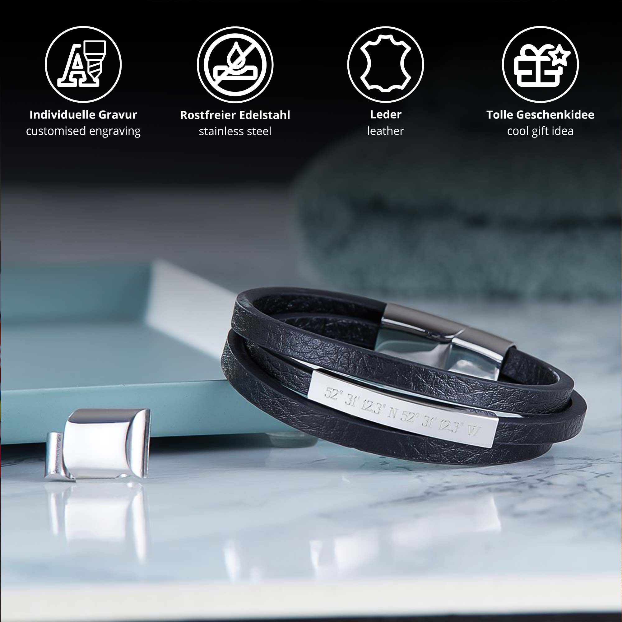 Gewickeltes Lederarmband schwarz - Geokoordinaten