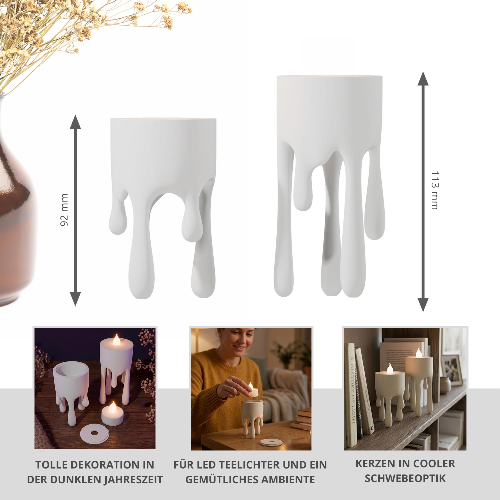 Schmelzende Kerzen – 2er-Set LED Teelichthalter mit Schwebeeffekt
