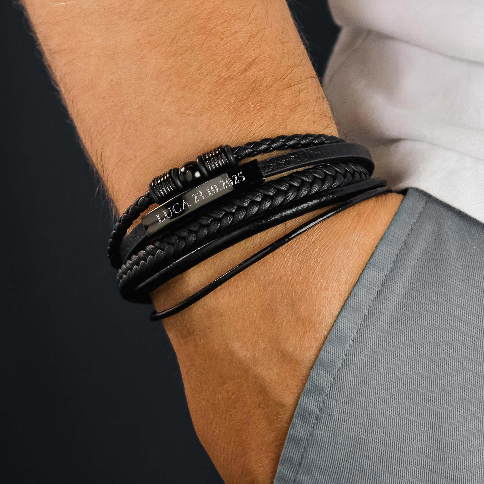 Geflochtenes Lederarmband mit Beads Schwarz - mit Gravur