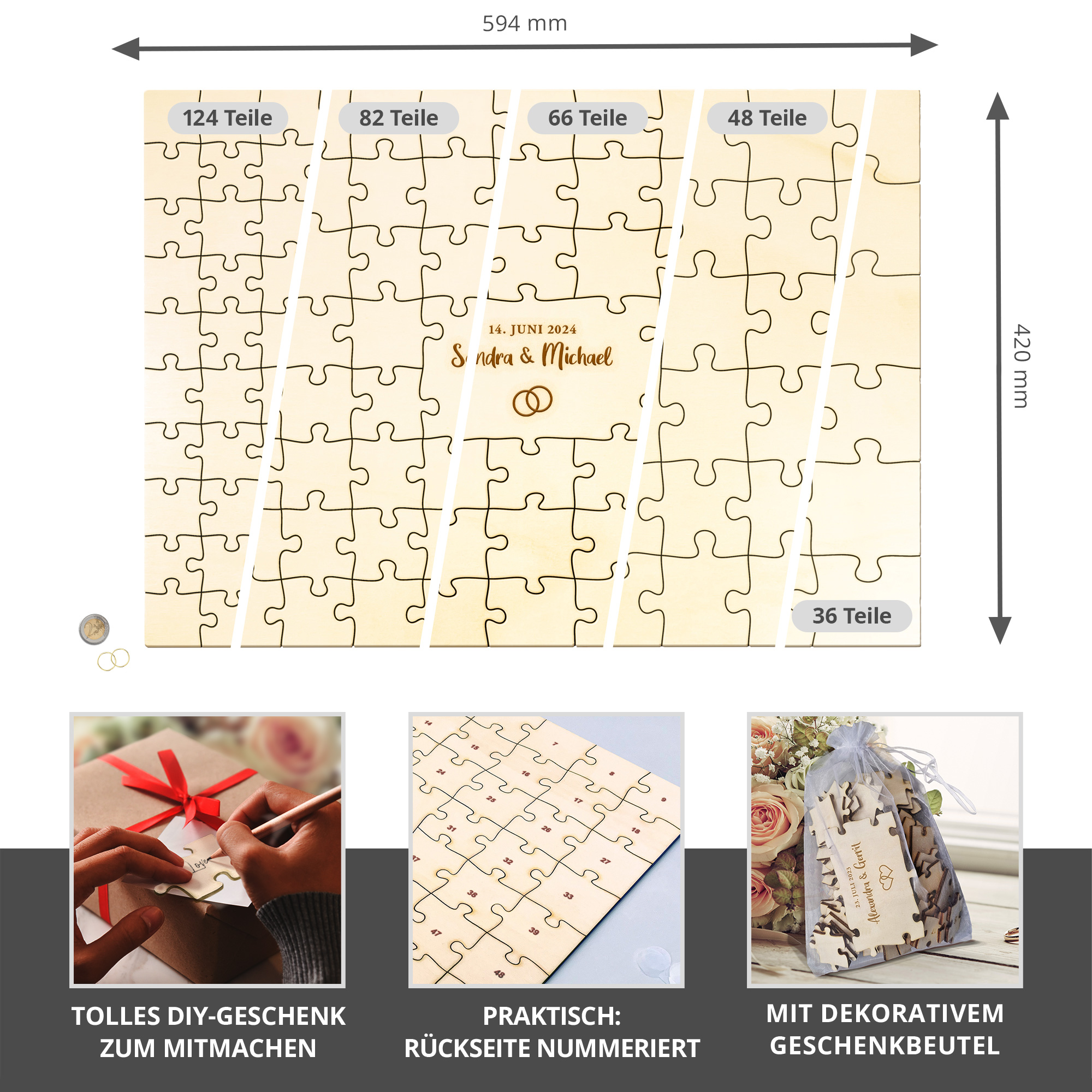 Gästebuch Puzzle - A2 - Hochzeit - Ringe - Personalisiert