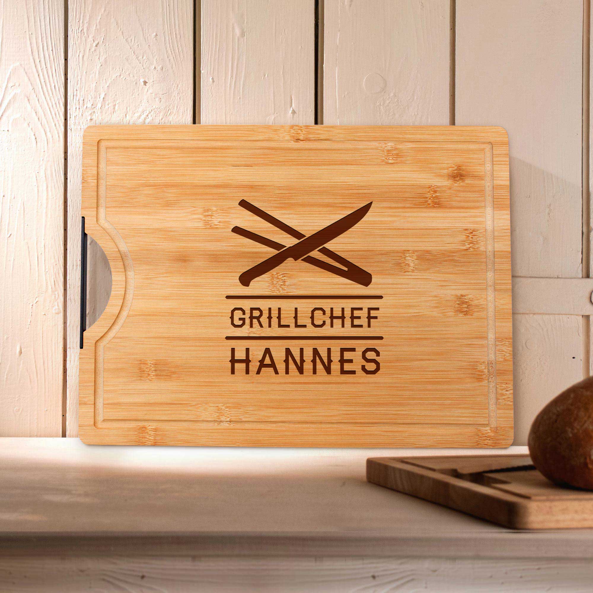 Bambusholz Schneidebrett mit Grillchef Gravur Bambusholz Schneidebrett mit Grillchef Gravur