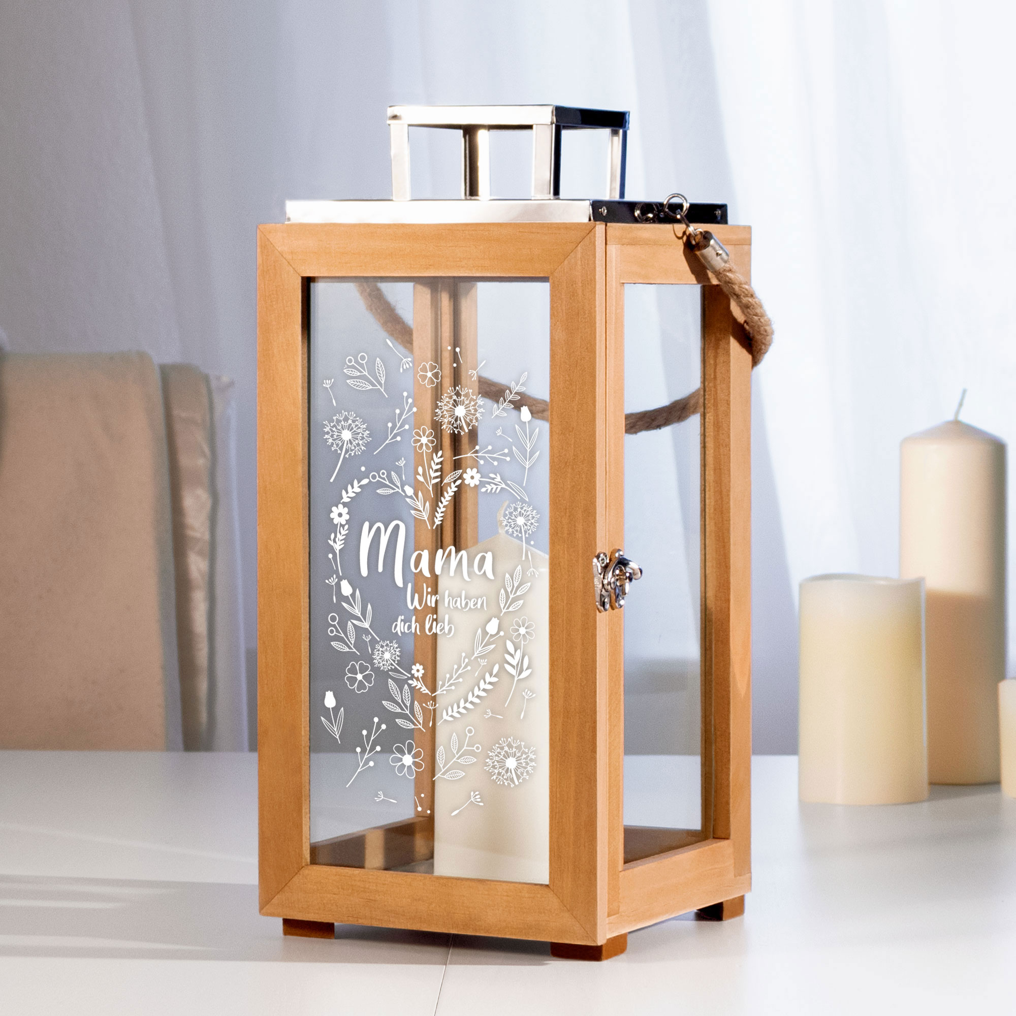 Holzlaterne mit Gravur - Blumenherz für Mama 2123-111-MZ