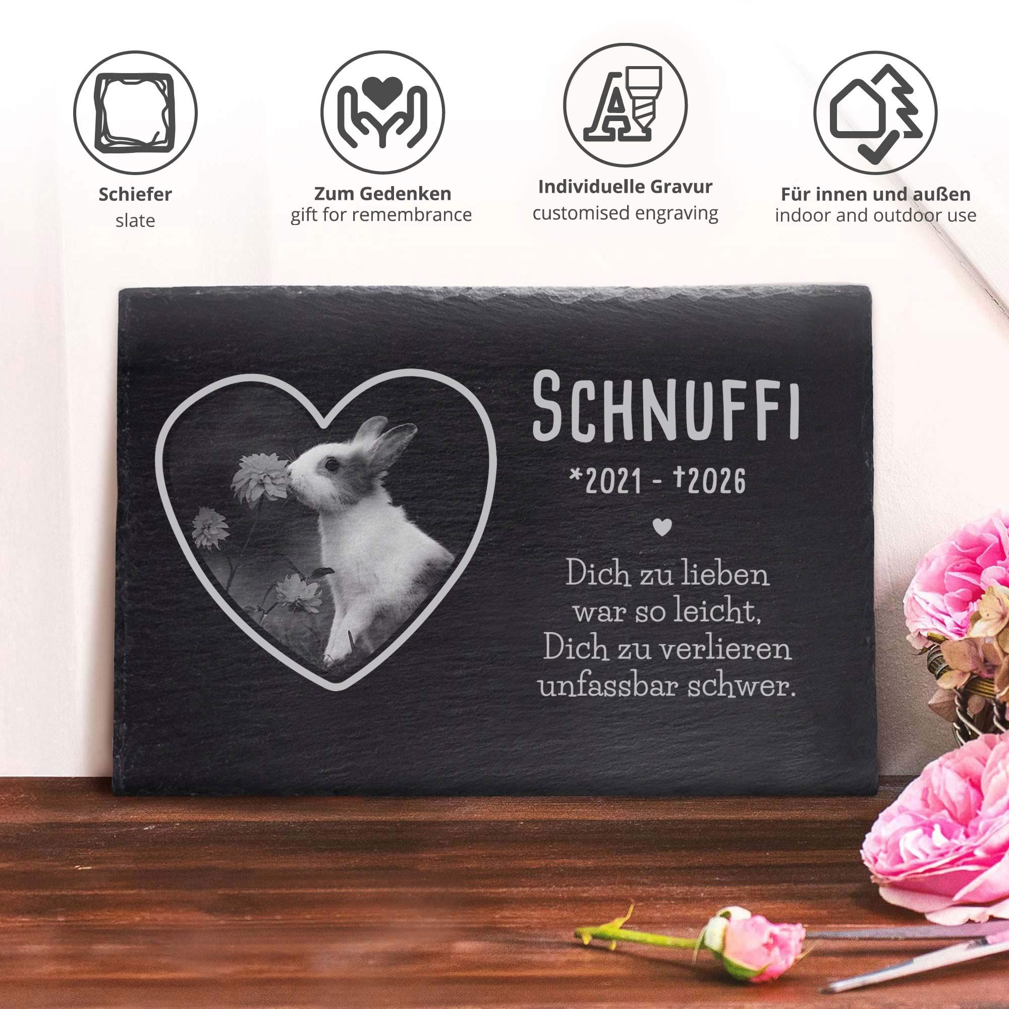 Grabplatte zur Trauer Haustier - Schiefer Gedenktafel mit Foto Grabplatte zur Trauer Haustier - Schiefer Gedenktafel mit Foto