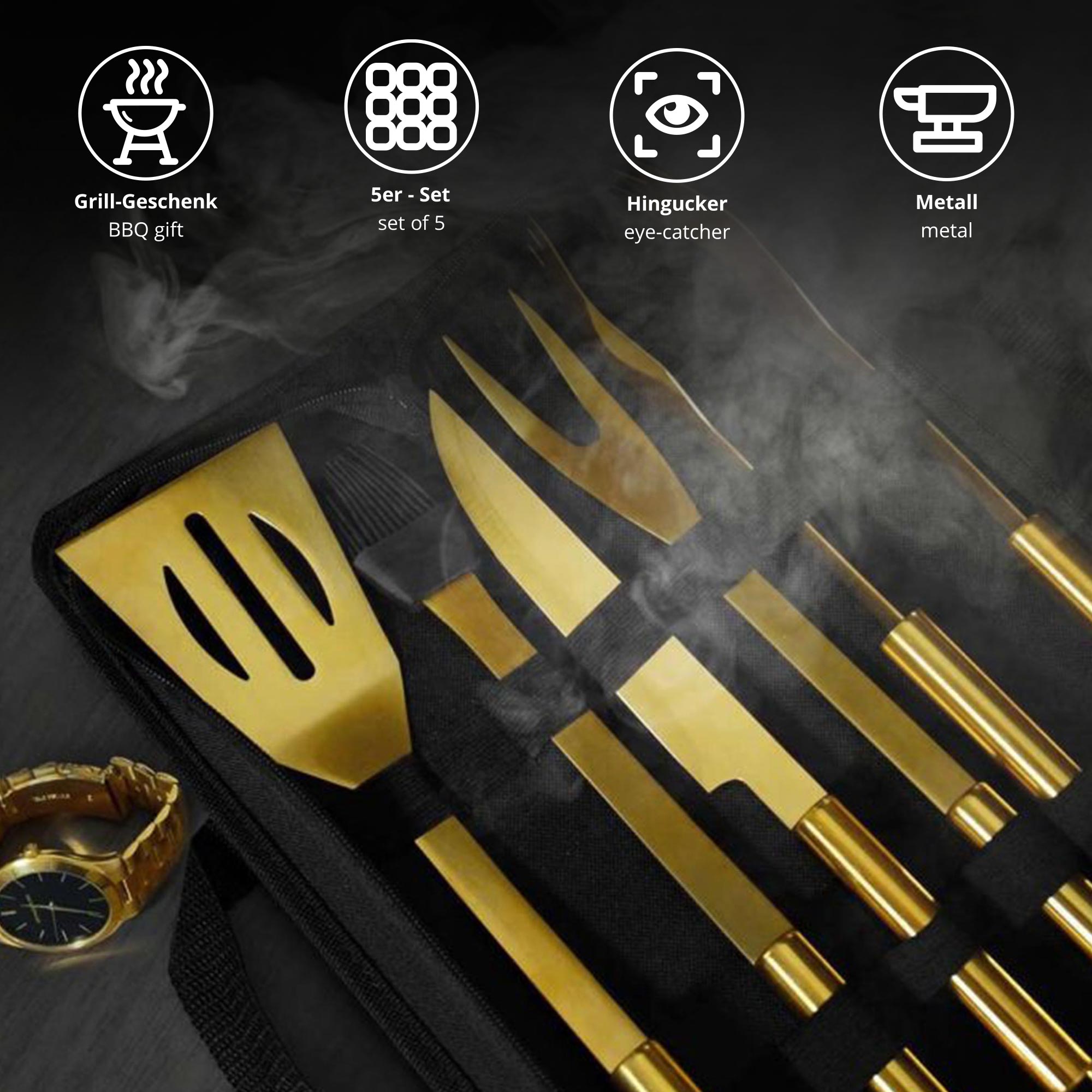 Goldenes Grillbesteck Set - 5-teilig