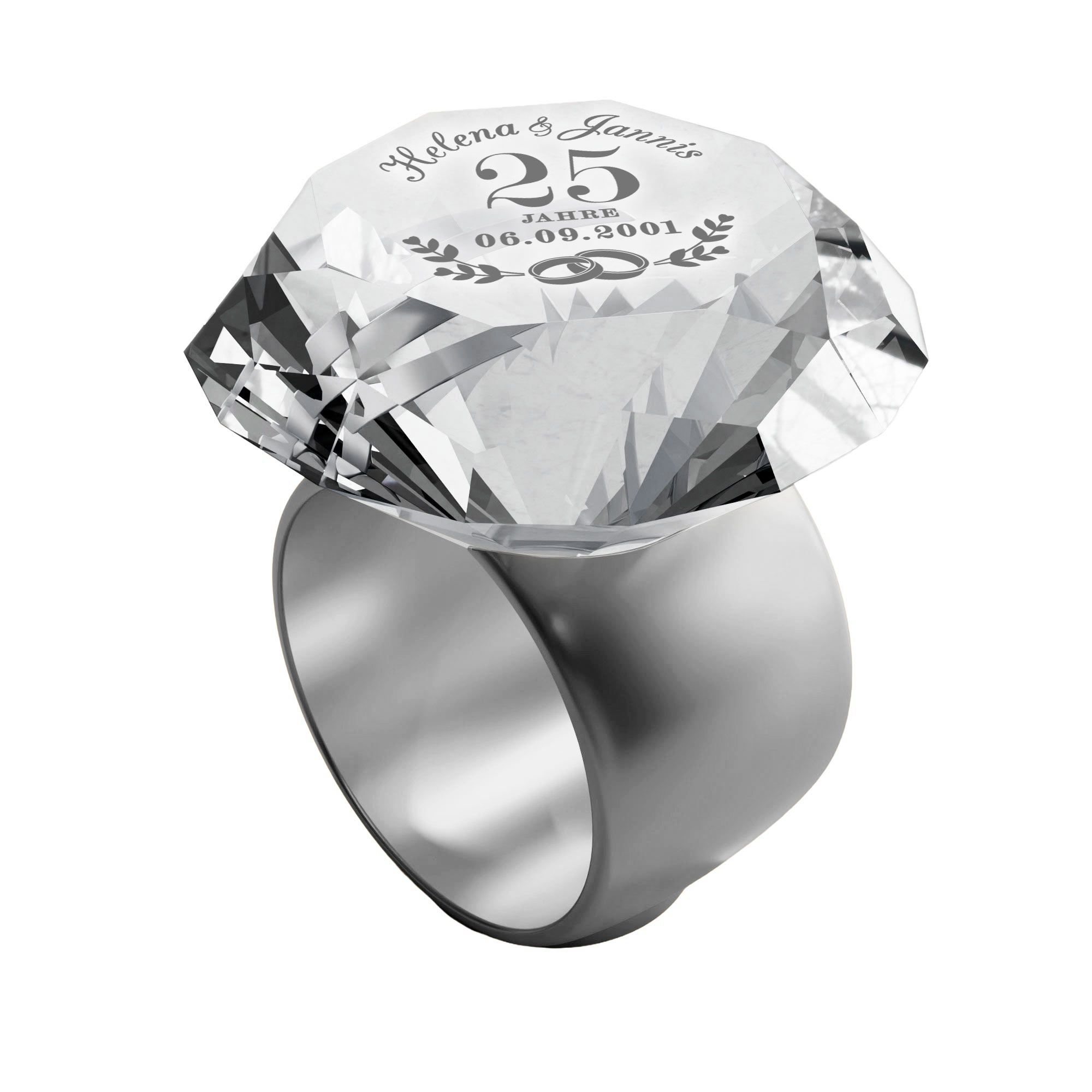Diamant Kristall mit Gravur zur Silberhochzeit und Ring Displayständer Silber