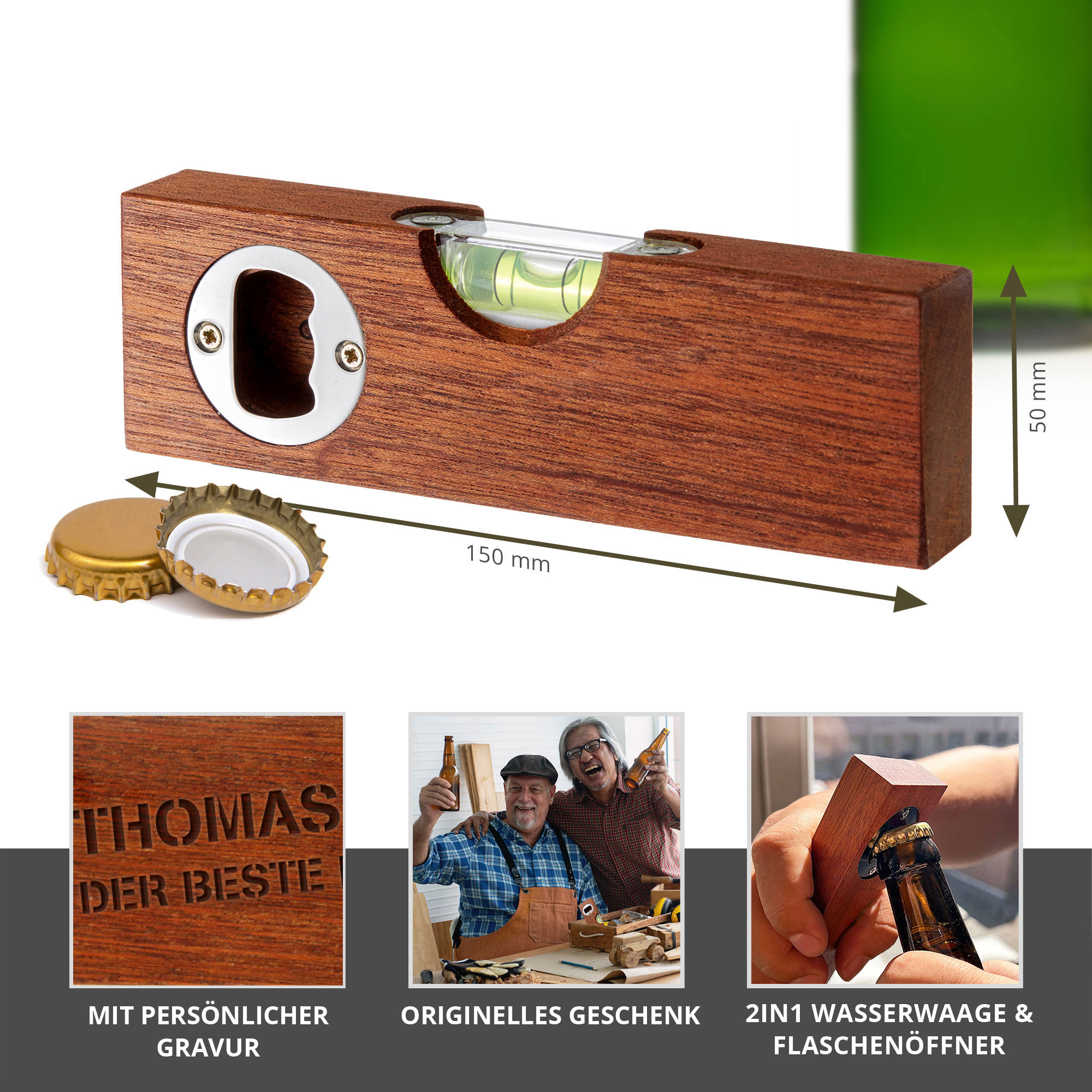 Wasserwaage mit Flaschenöffner - graviert