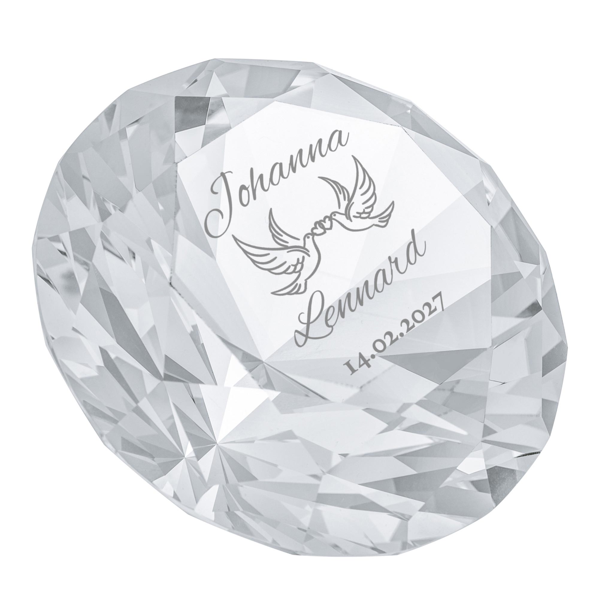 Diamant Kristall mit Liebestauben Gravur und Ring Displayständer