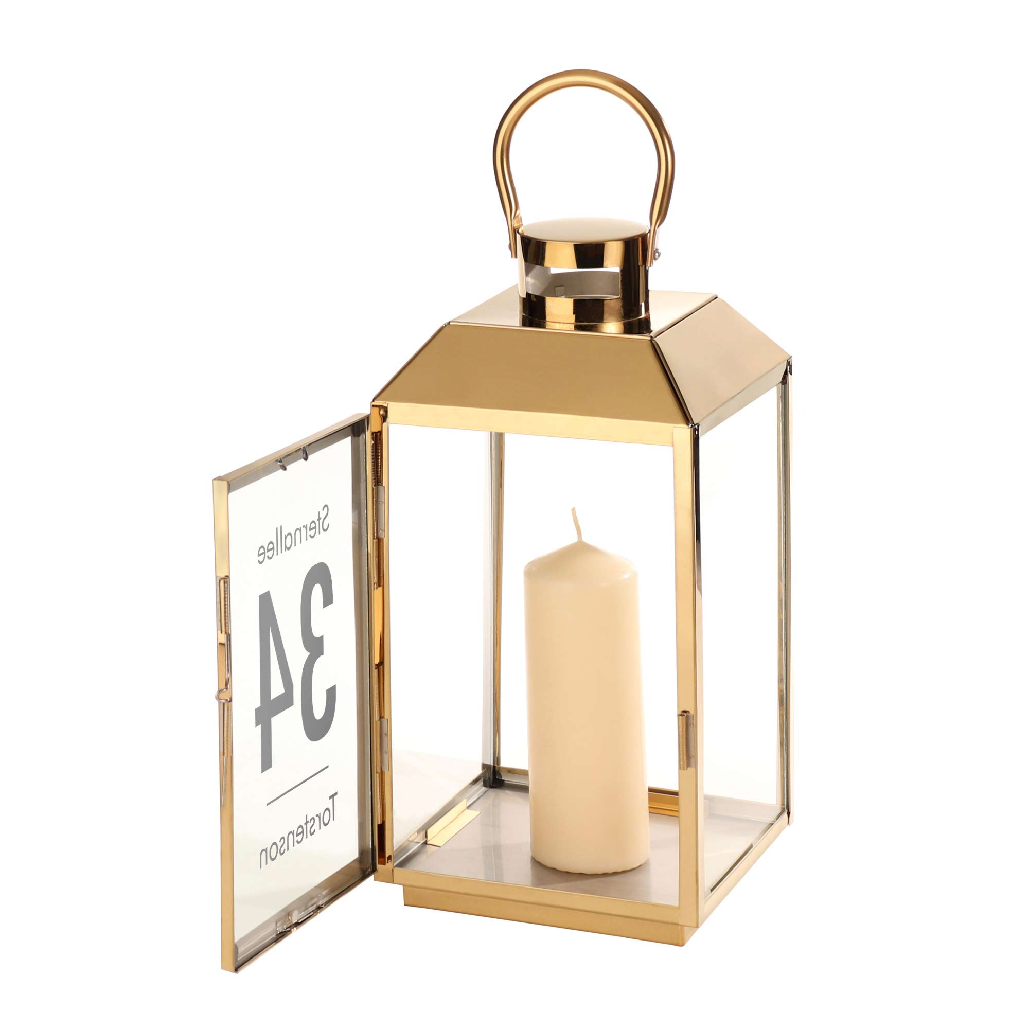 Gold Laterne mit moderner Gravur - Name und Adresse