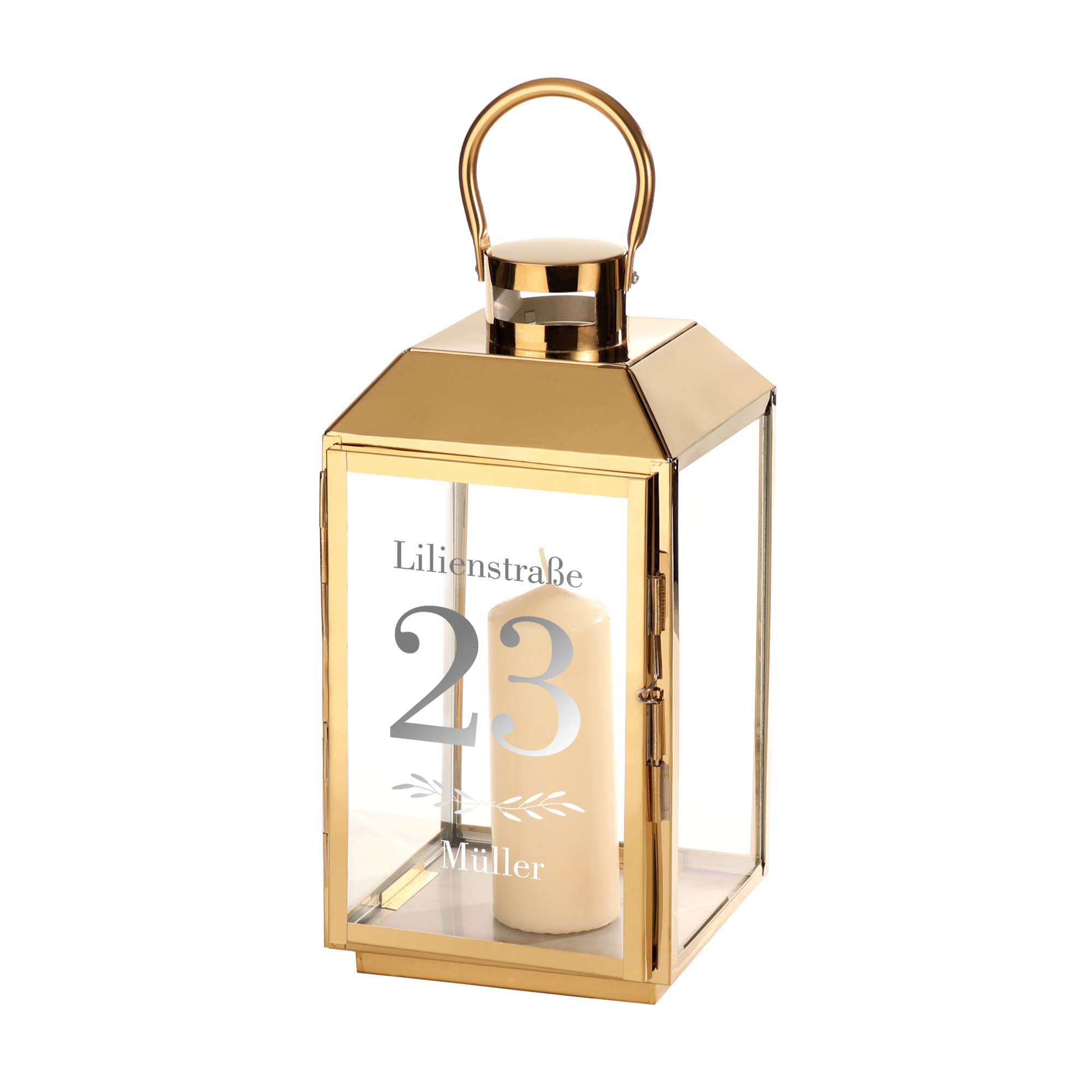 Gold Laterne mit klassischer Gravur - Name und Adresse