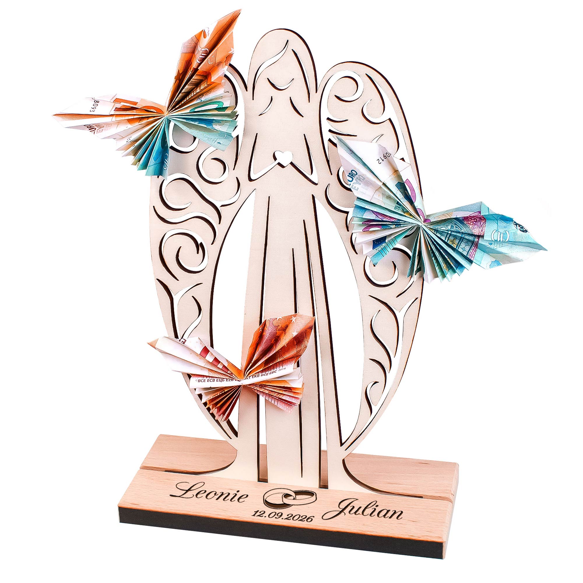 Großer Geldengel aus Holz mit Gravur zur Hochzeit - Ringe