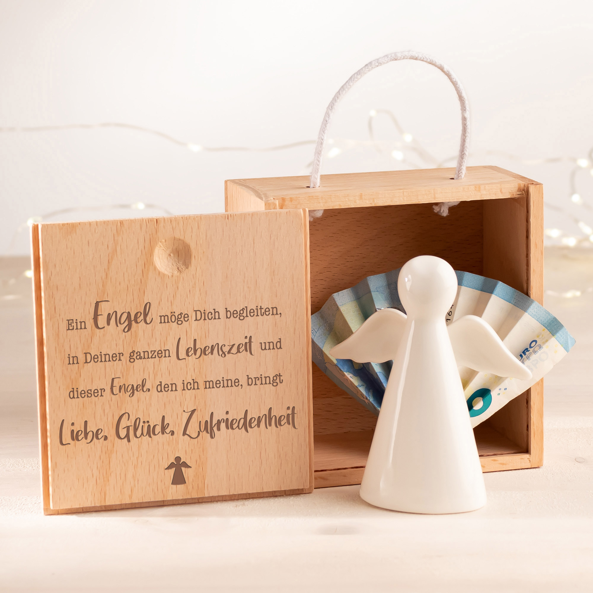 Schutzengel in dekorativer Holzbox - Geldgeschenk mit Gravur Schutzengel in dekorativer Holzbox - Geldgeschenk mit Gravur