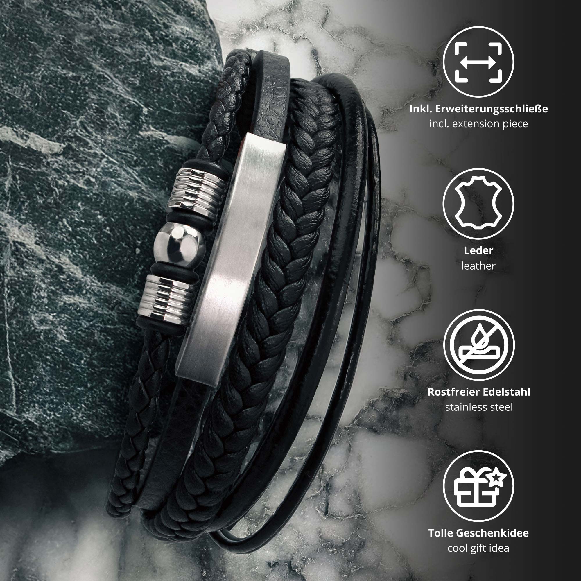 Geflochtenes Lederarmband mit Beads Silber - Herren Armband Geflochtenes Lederarmband mit Beads Silber - Herren Armband