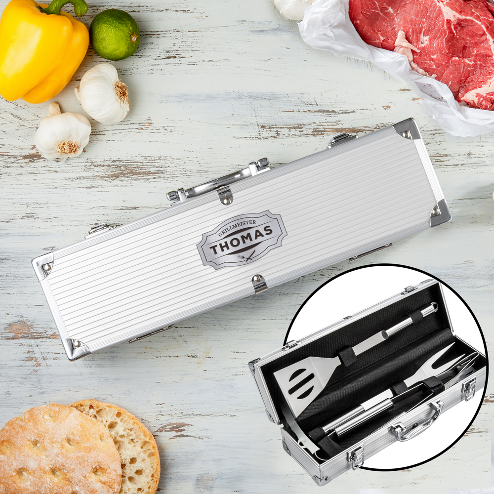 Deluxe Grillbesteck im Koffer - Grillmeister Gravur 1719