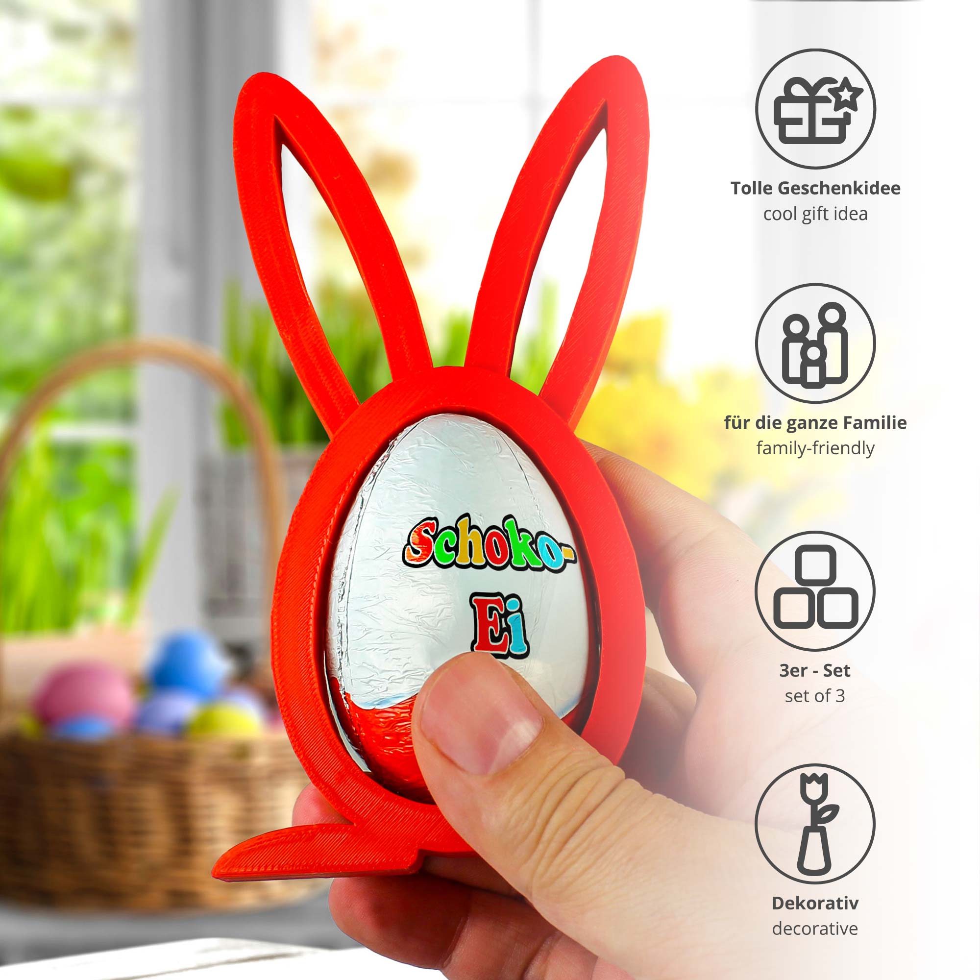Osterhase Ü-Ei Halter Rot - 3er Set