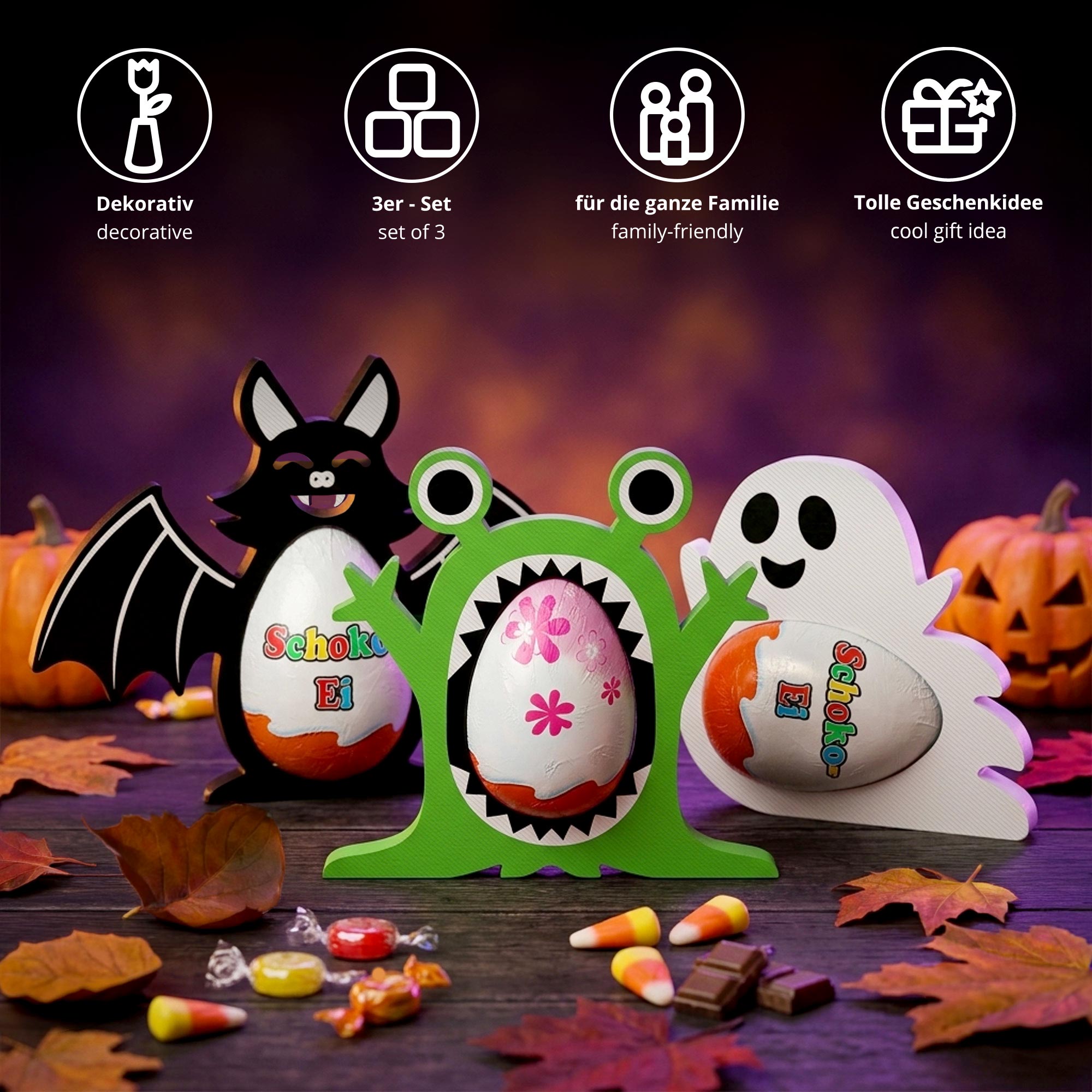 Monster Ü-Ei Halter zu Halloween Bunt - 3er Set Monster Ü-Ei Halter zu Halloween Bunt - 3er Set