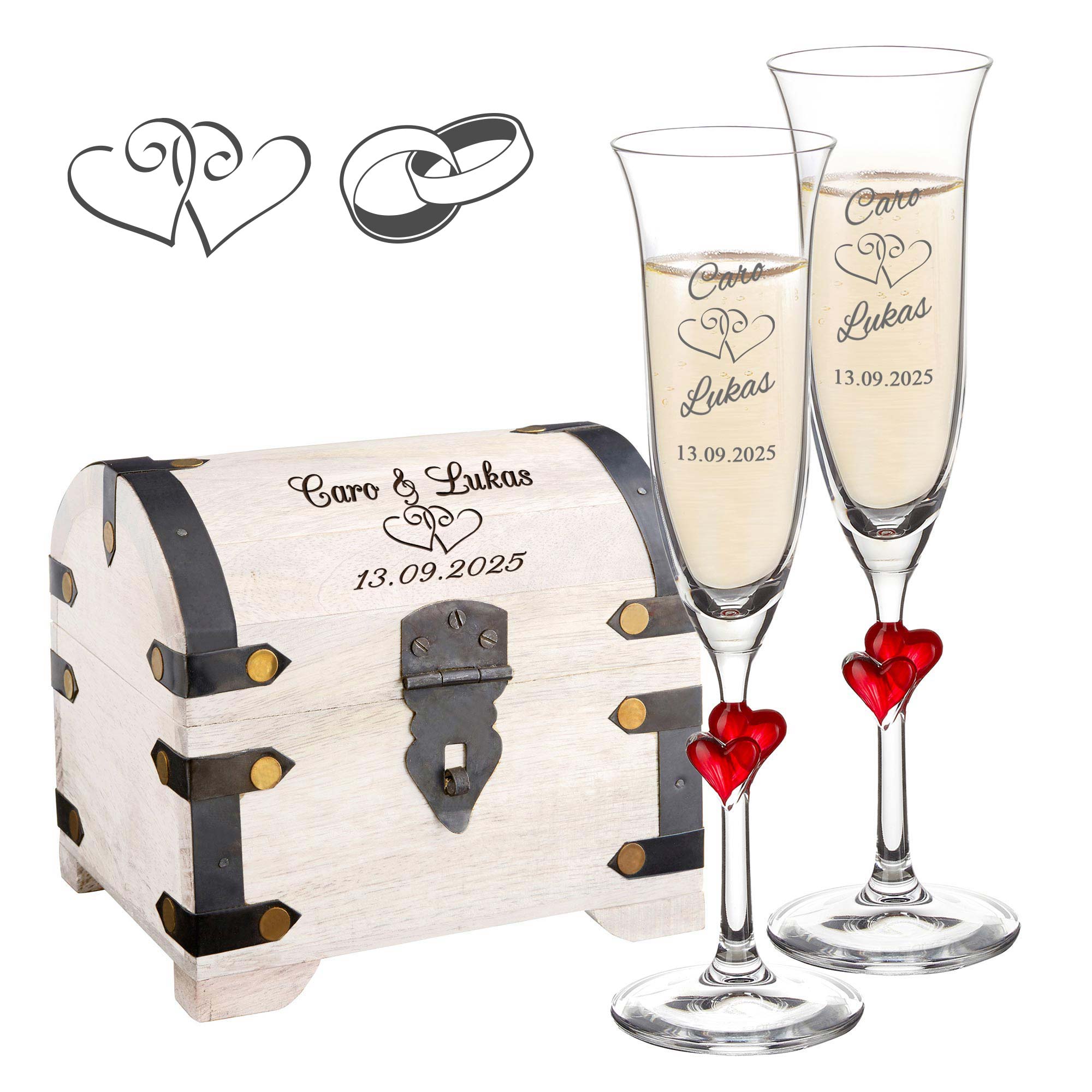 Hochzeitsset - Herzen Sektgläser und Schatztruhe Weiß zur Hochzeit