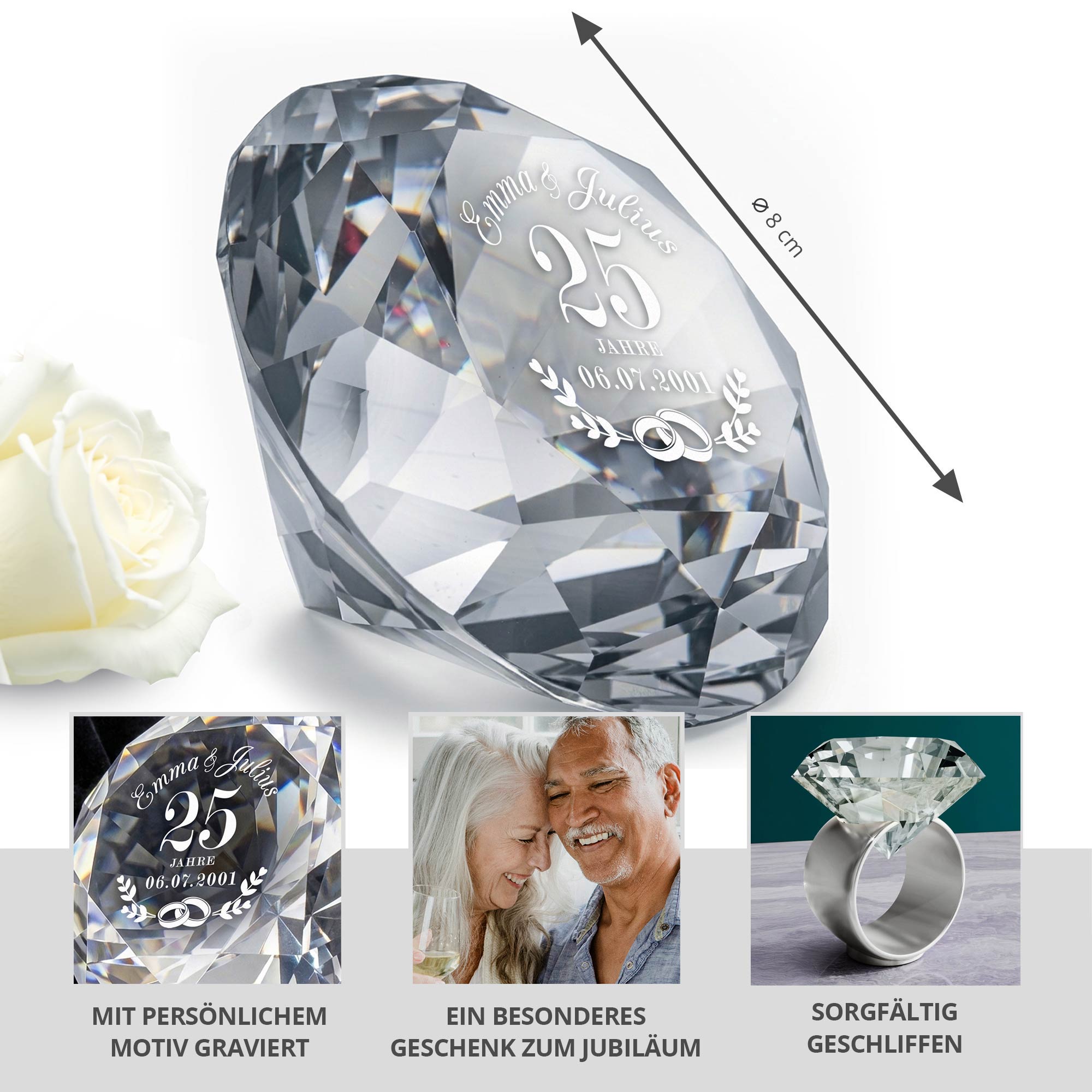 Diamant Kristall mit Gravur zur Silberhochzeit und Ring Displayständer Silber Diamant Kristall mit Gravur zur Silberhochzeit und Ring Displayständer Silber