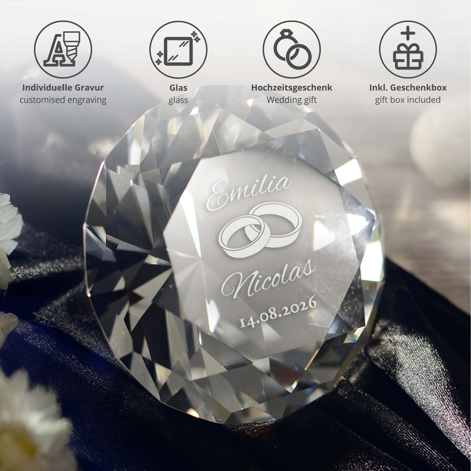 Diamant Kristall mit Gravur zur Hochzeit