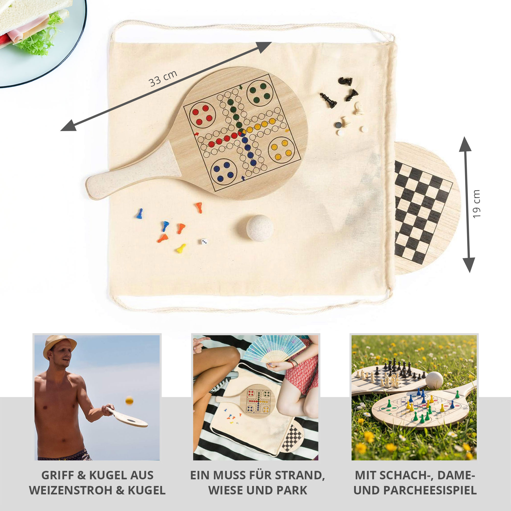 Kompaktes Beachball Set mit 2 Spielen und Baumwollbeutel